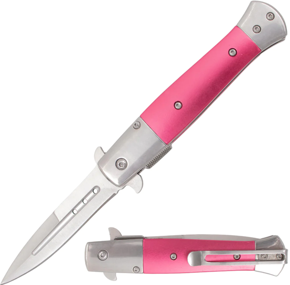 A pink and silver folding pocket knife with the blade partially extended.