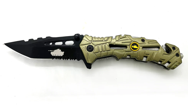 A tactical folding knife with a black blade and an olive green handle featuring textured grip and a yellow emblem