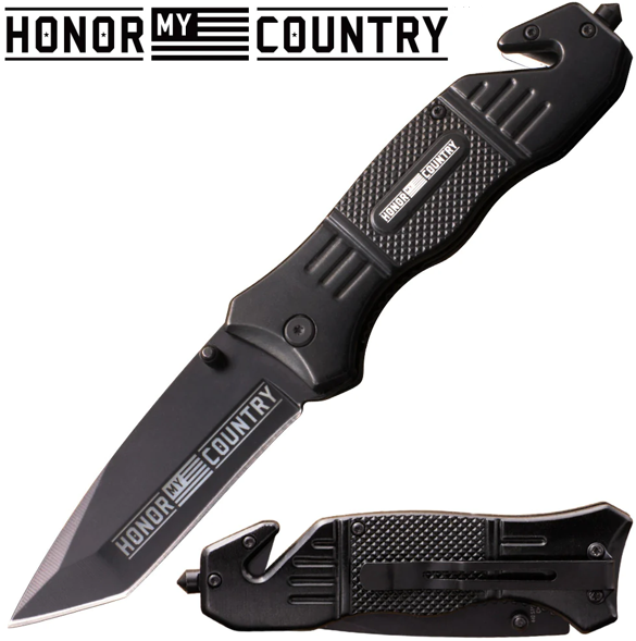 A folding pocket knife with a black blade and handle, engraved with 'HONOR MY COUNTRY', with the blade partially extended and the handle in a folded position.