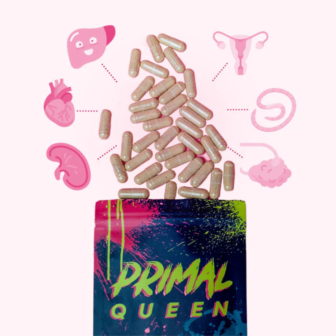 Pink dietary supplement capsules in front of a pink background with cartoon illustrations of liver, heart, kidneys, stomach, uterus, and brain around the capsules.