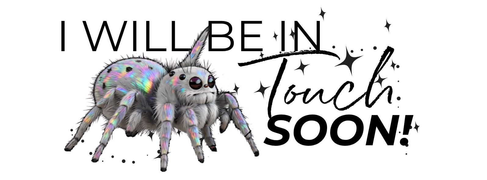 A colorful, cartoon-like spider with fluffy fur, large eyes, and iridescent body and legs, standing next to a black cityscape silhouette at night.