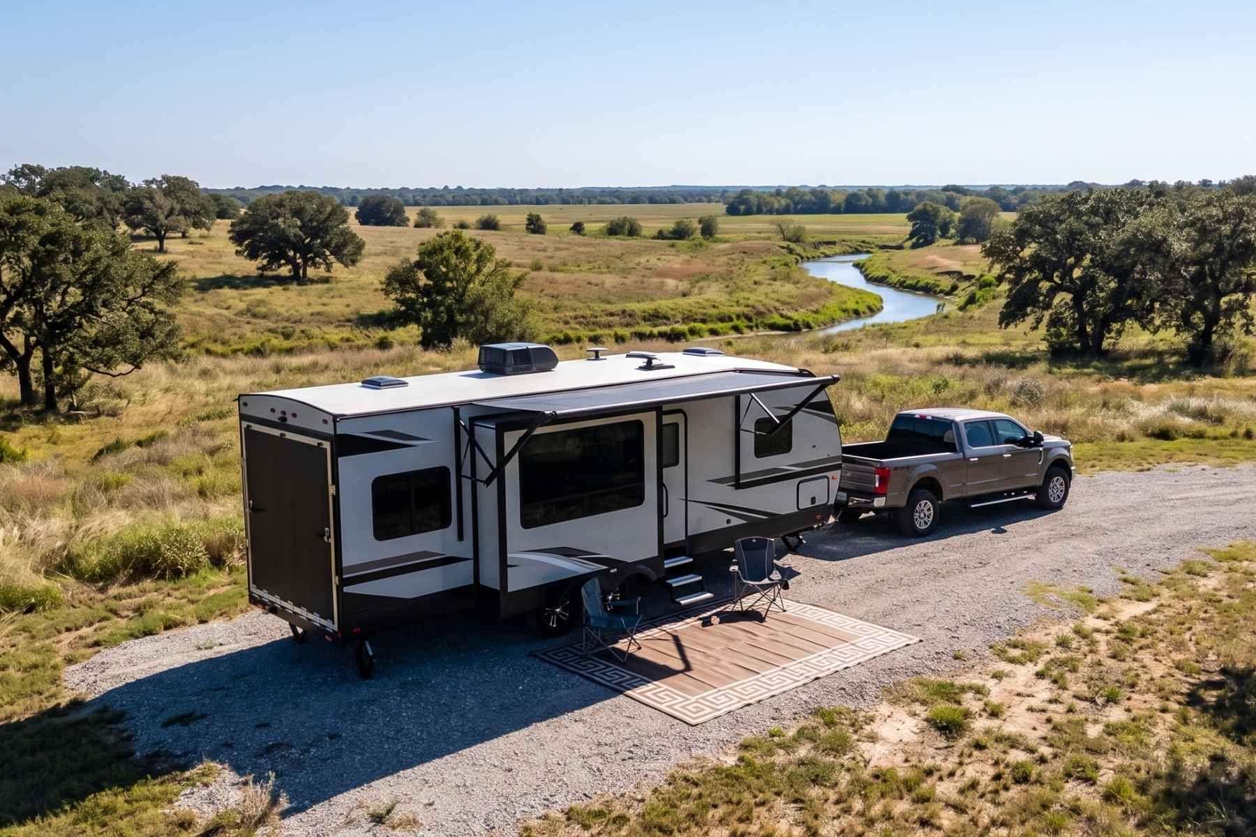 Image of a toy hauler rental parked outside Brookshire, TX.