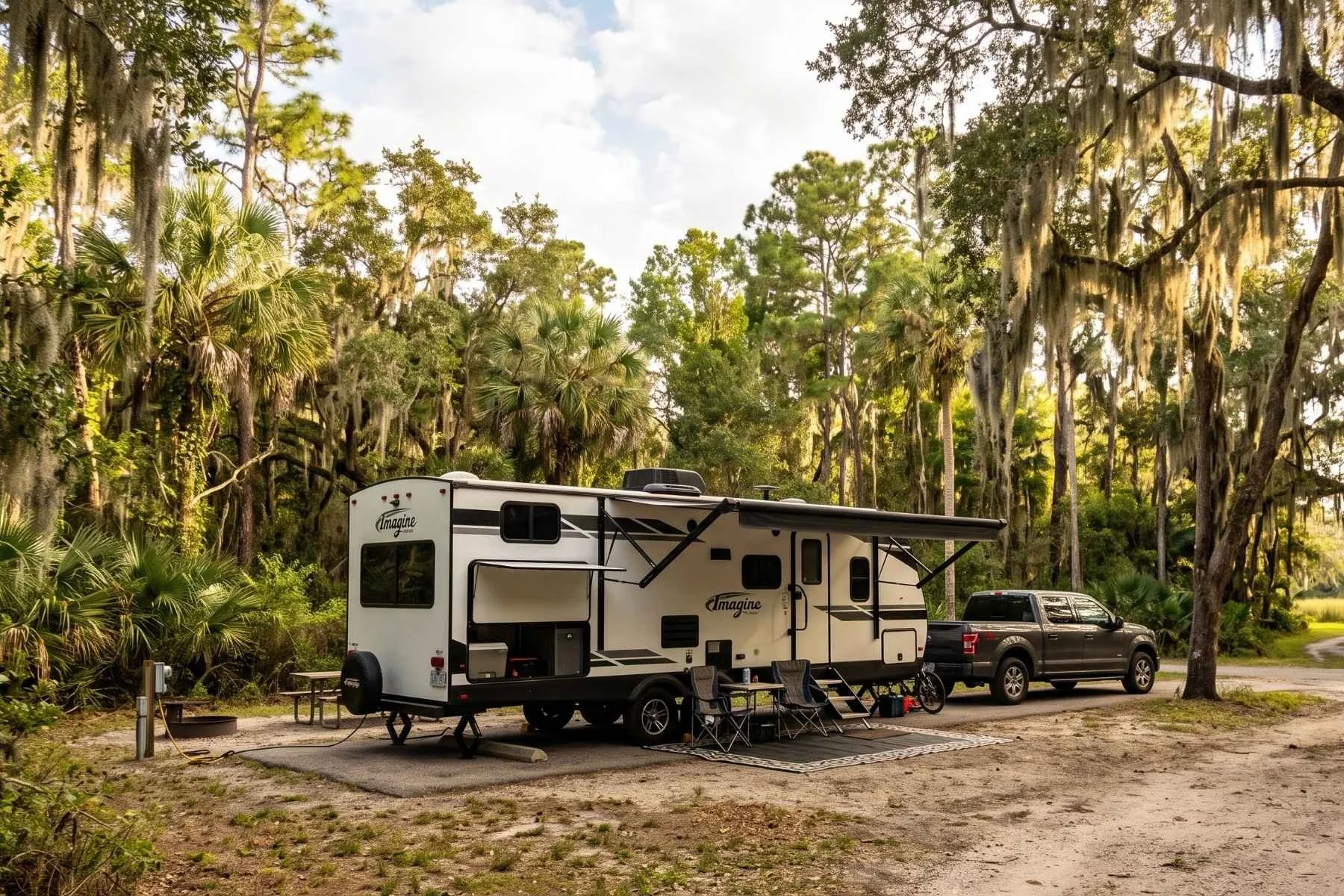 An RV travel trailer parked at a campsite near Gainesville, Florida, surrounded by Spanish moss-draped live oaks and lush palmetto trees.