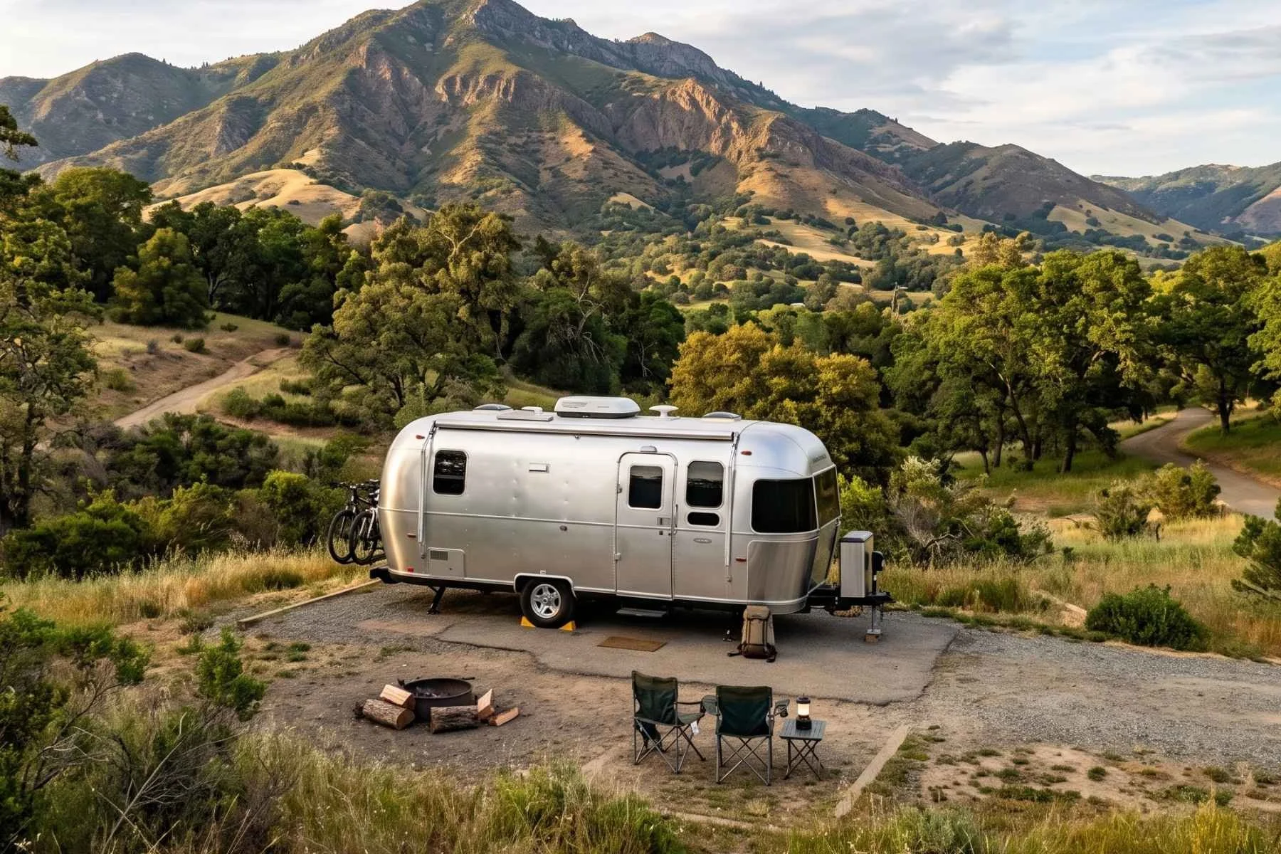 an airstream rental parked in a scenic area of concord, CA.