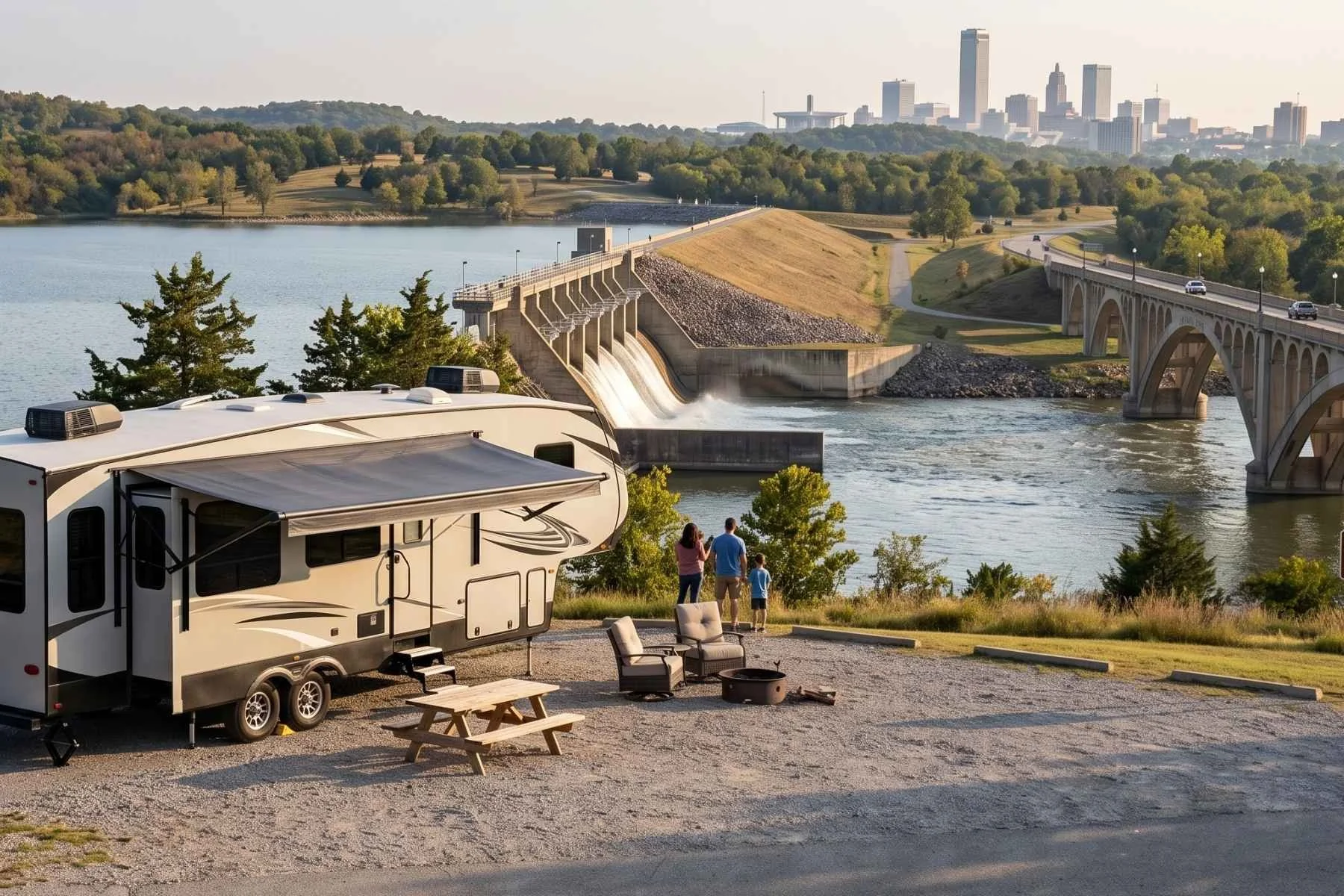 A bunkhouse RV rental parked outside downtown Tulsa, Ok.