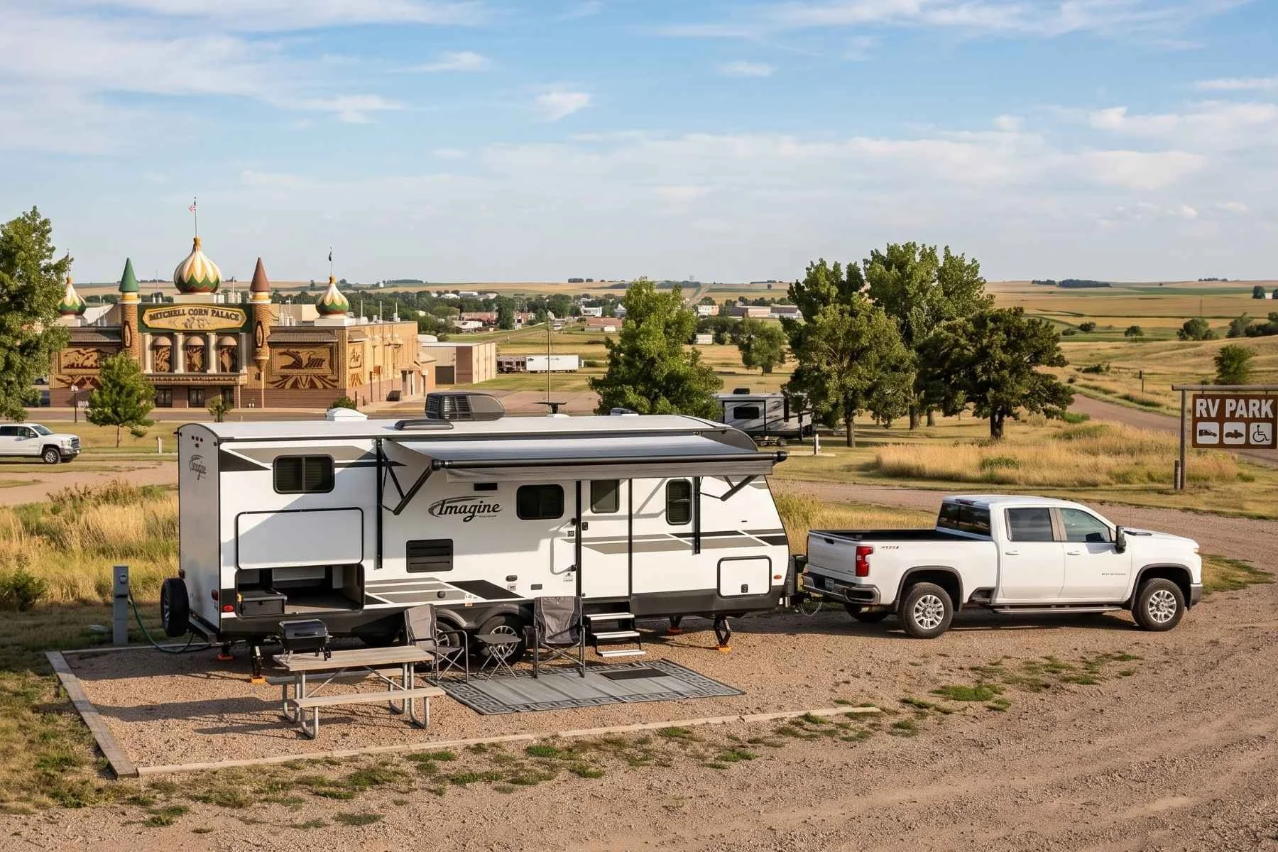 A white travel trailer is parked at a campsite near Mitchell, South Dakota, with the unique Corn Palace building visible in the background under a blue sky.