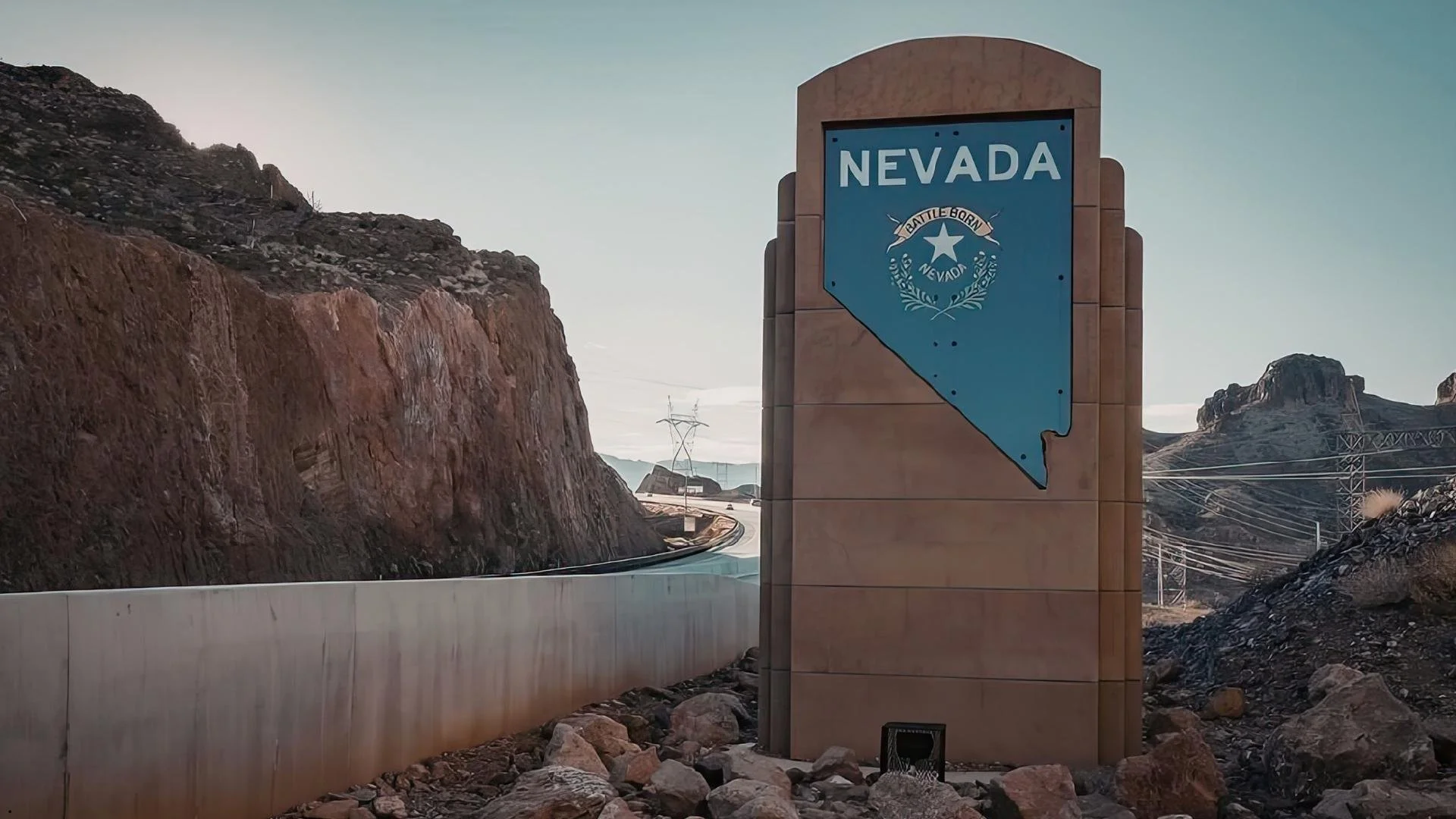 Nevada state welcome sign on a rocky highway, the starting point for a Reno travel trailer rental road trip through the Silver State.