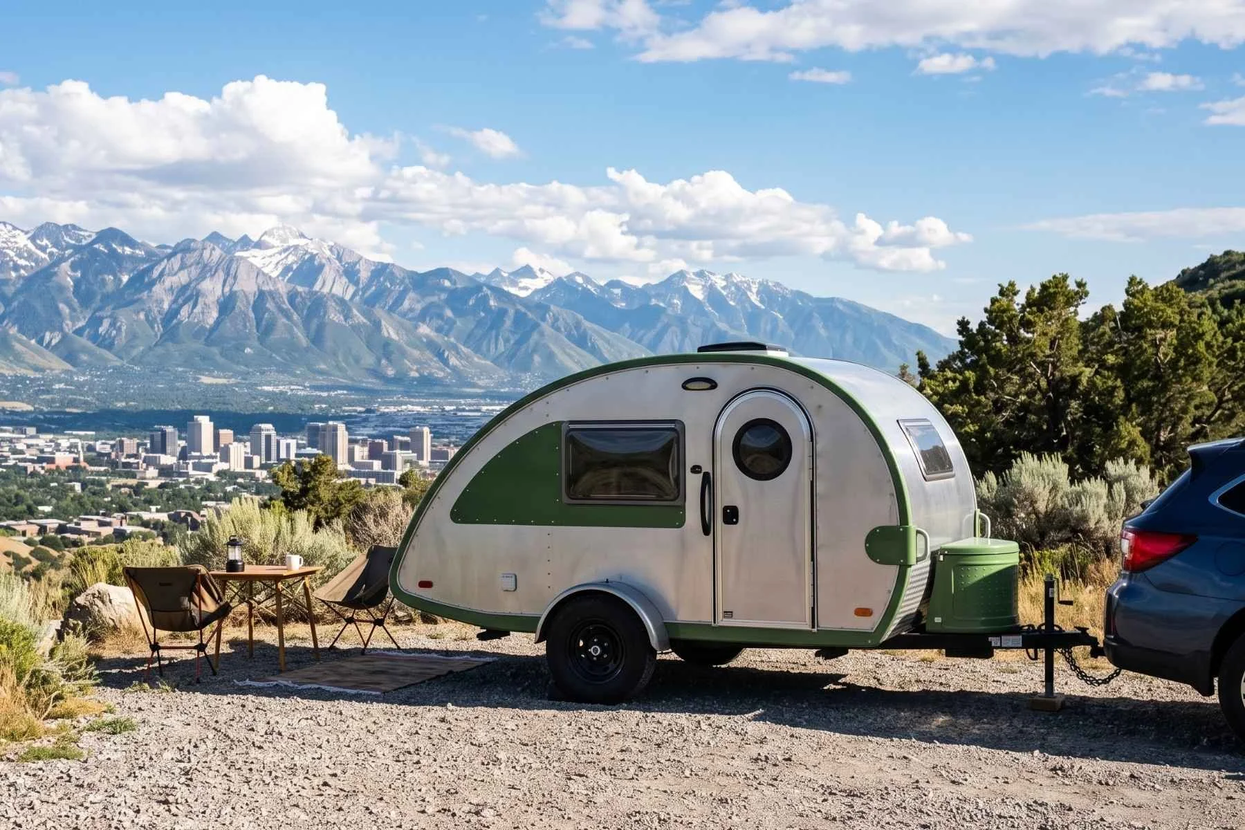 Image of a tear drop trailer rental parked outside of downtown Salt Lake City, UT.