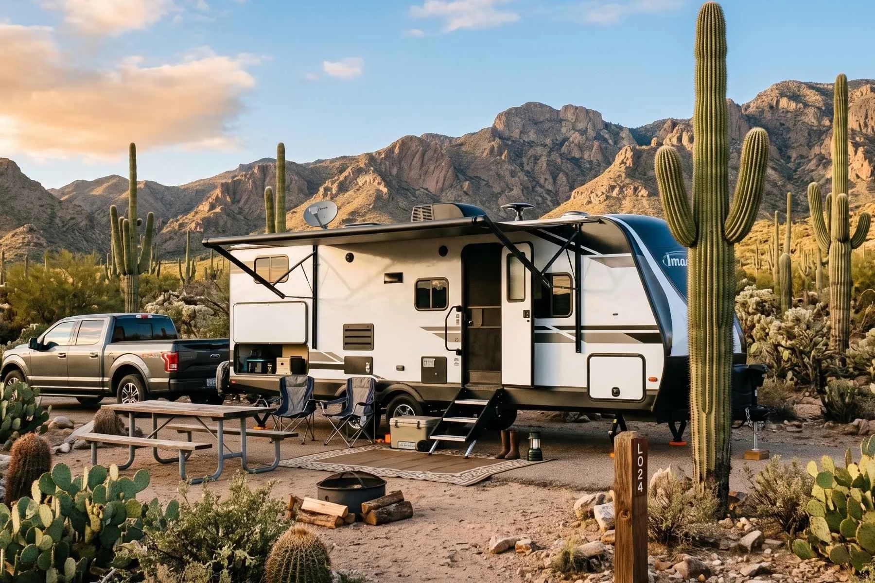 An RV trailer rental is set up at a scenic campsite with mountains and saguaro cacti in Tucson, Arizona.