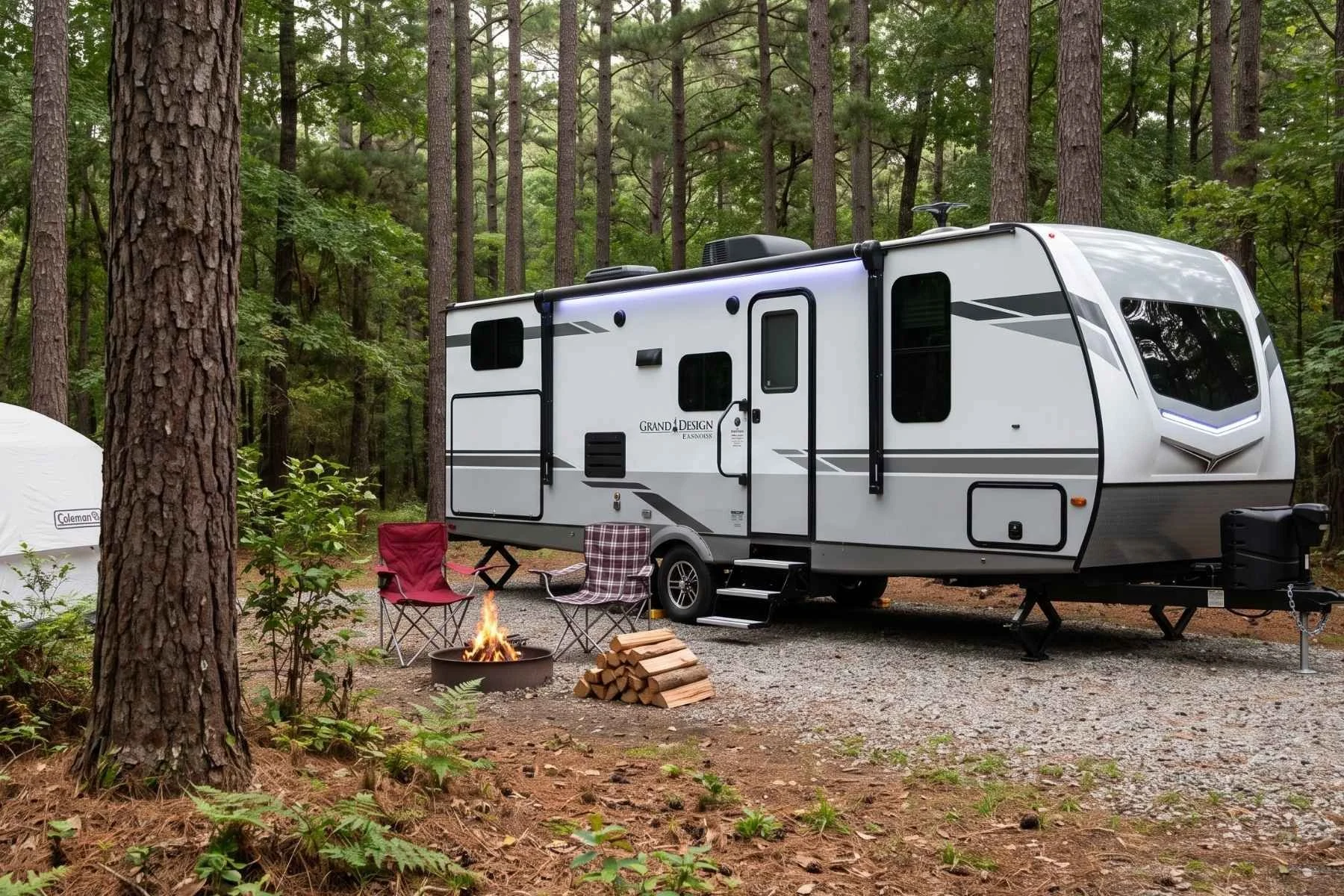 RV trailer parked in a forrest outside of Tyler, TX