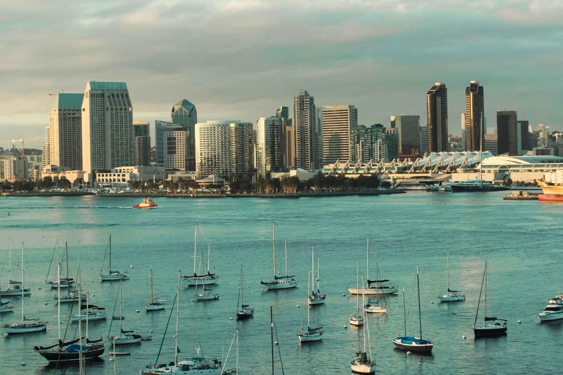 Downtown San Diego skyline across the harbor, a starting point for travel trailer rental trips in San Diego