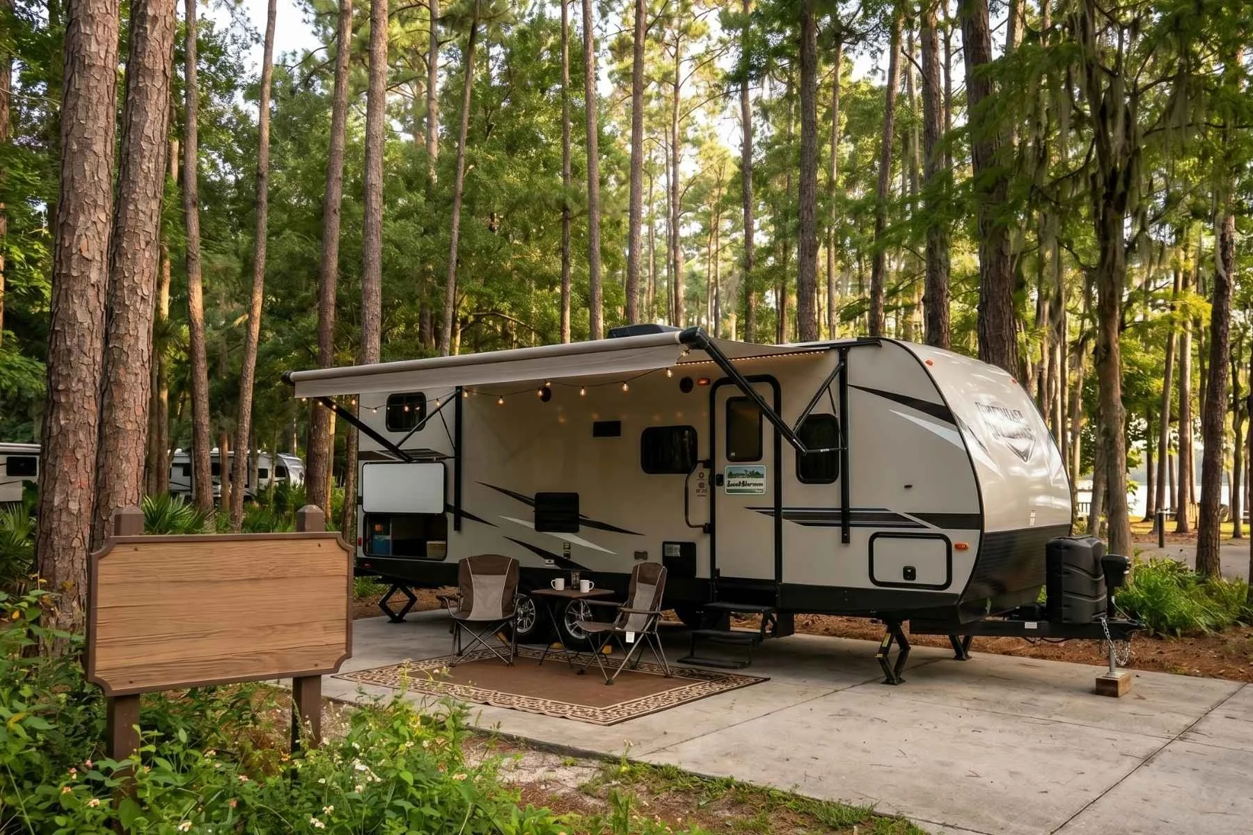 A modern travel trailer parked at a wooded Fort Wilderness campsite with an extended awning, outdoor chairs, and a blank wooden sign.