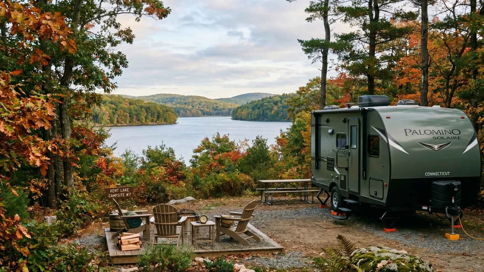 Palomino travel trailer parked at a wooded Connecticut campsite overlooking Kent Lake with fall foliage