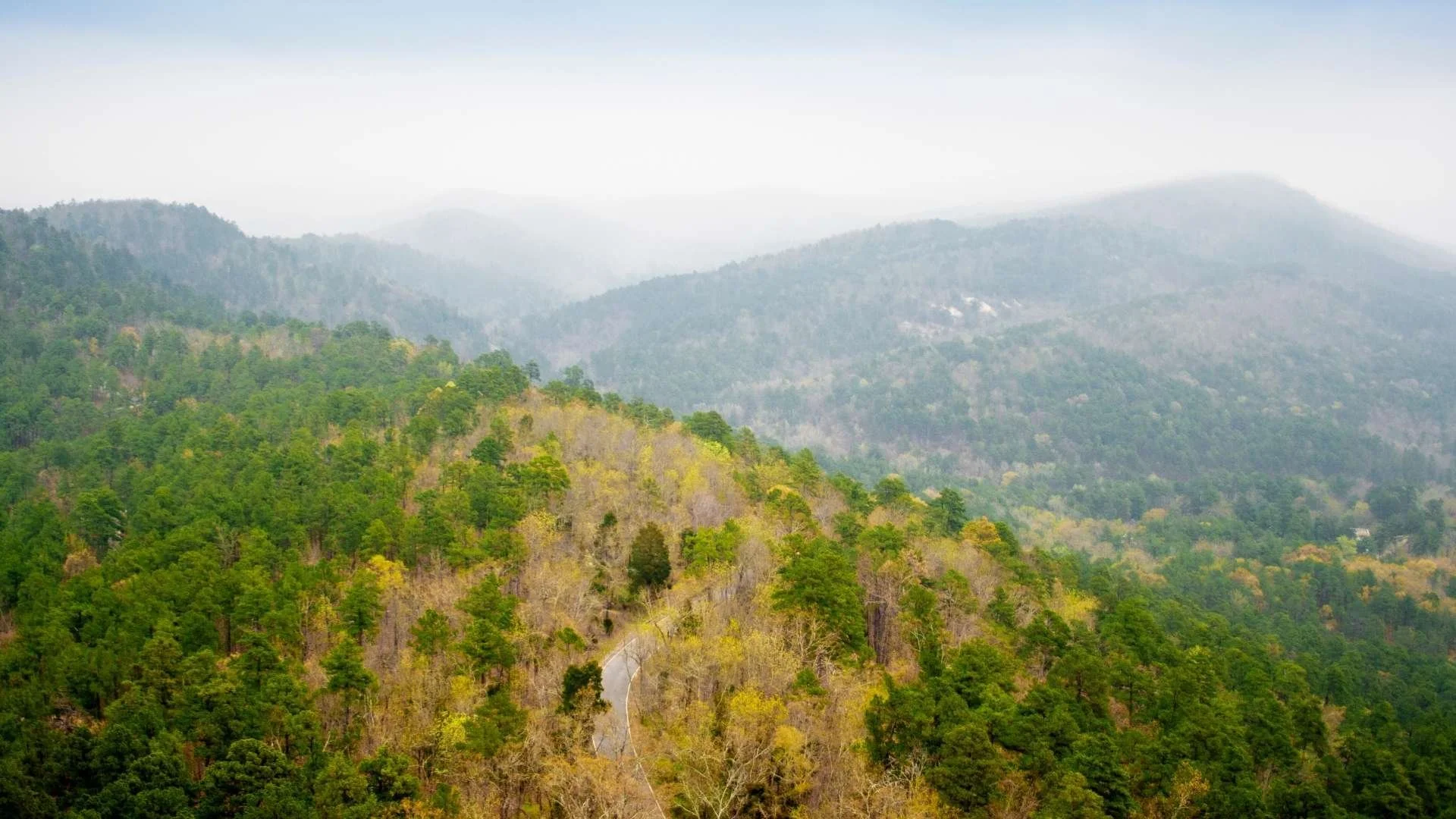 Aerial view of the Ouachita Mountains in Arkansas, with forested ridgelines and a winding road cutting through the trees, perfect travel trailer rental country in the Natural State.