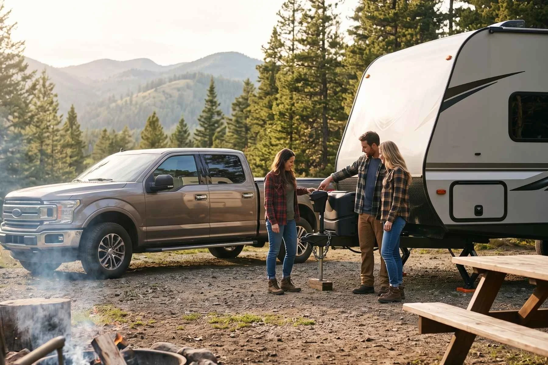 People learning how to hook up an RV trailer to a truck hitch.