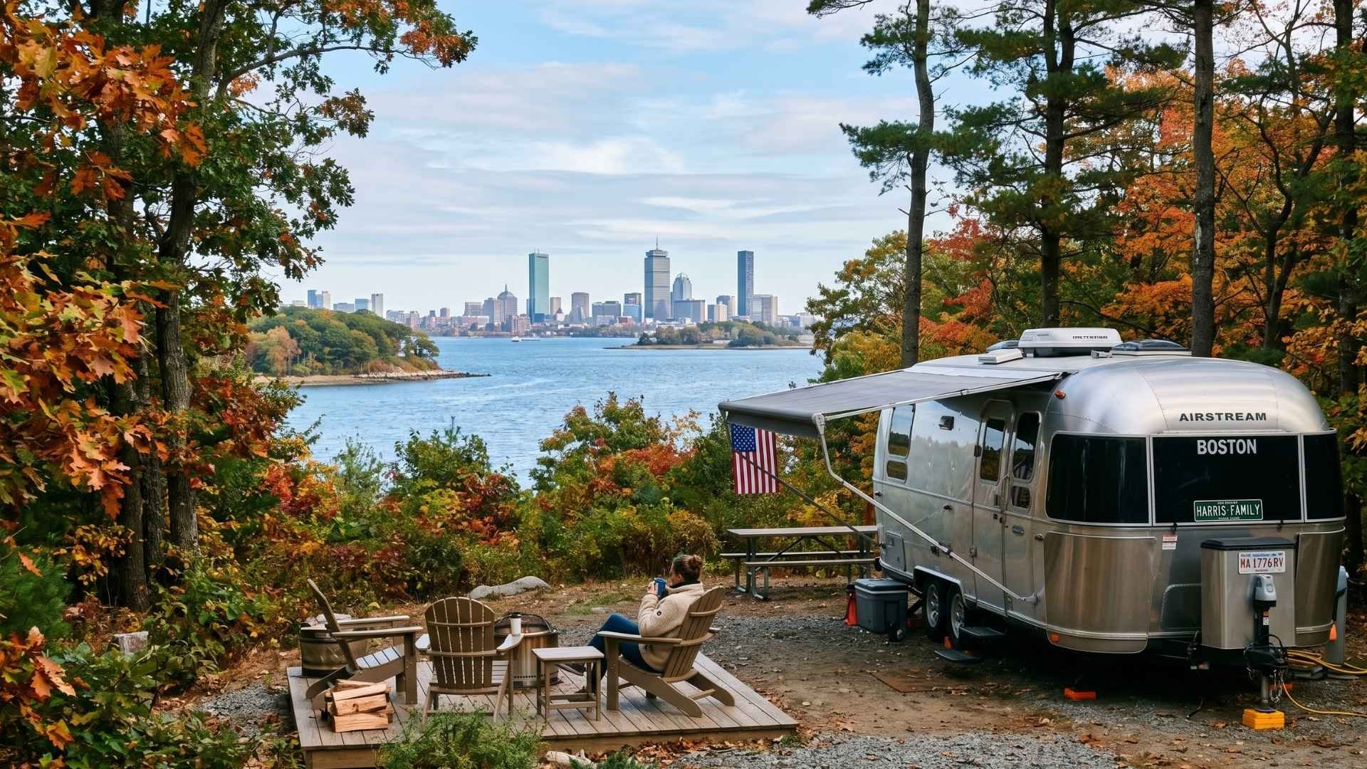 Silver Airstream travel trailer parked at a wooded campsite overlooking the Boston skyline across the water in fall