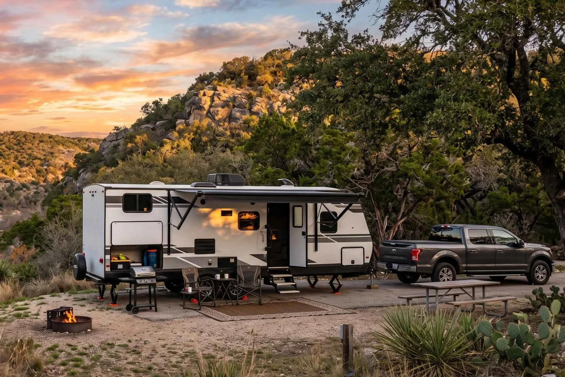 A travel trailer RV rental at a scenic Texas campsite with a campfire and truck at sunset.