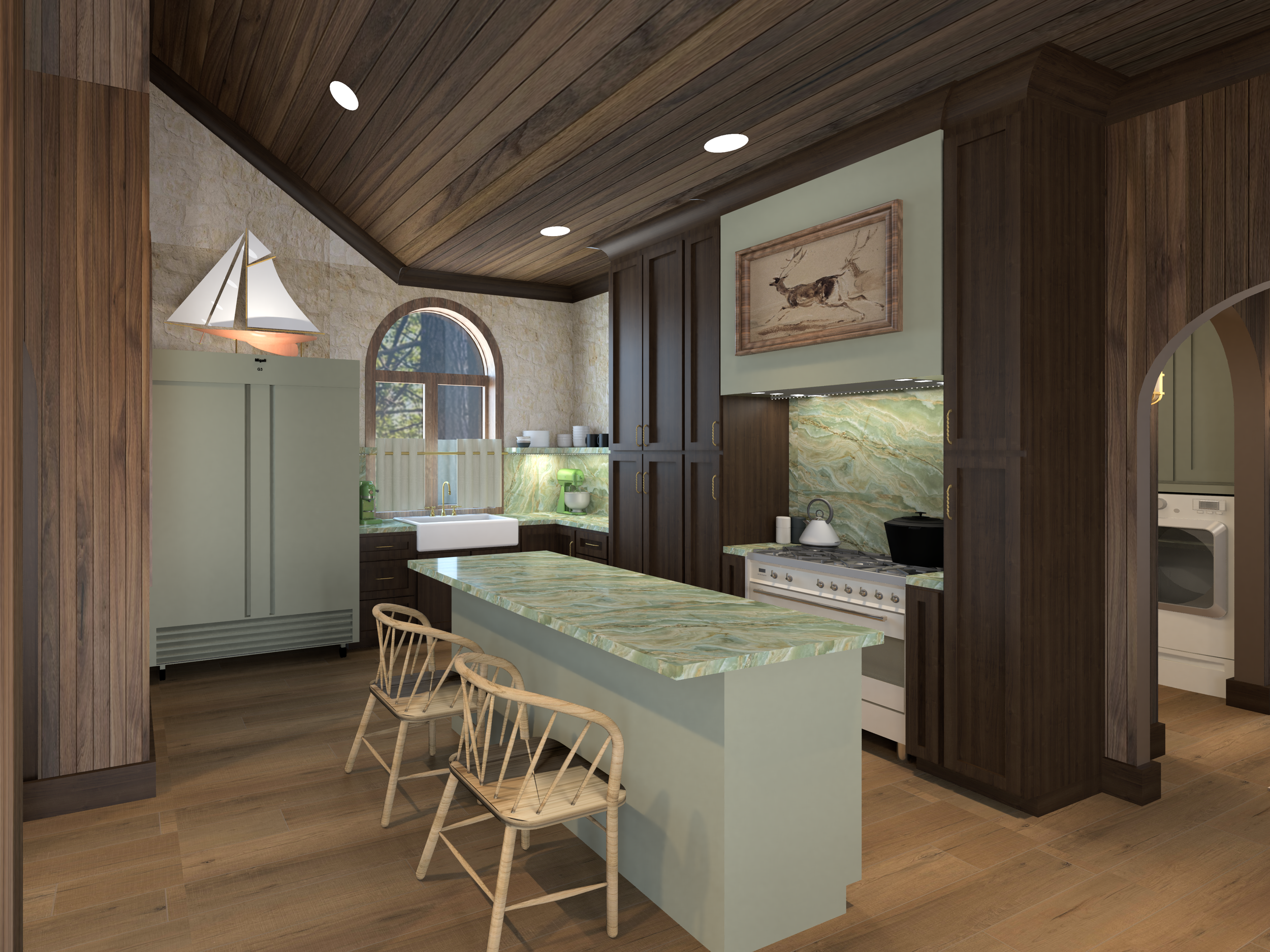 Interior design rendering of a kitchen in a cabin by Nicole Chavajay.