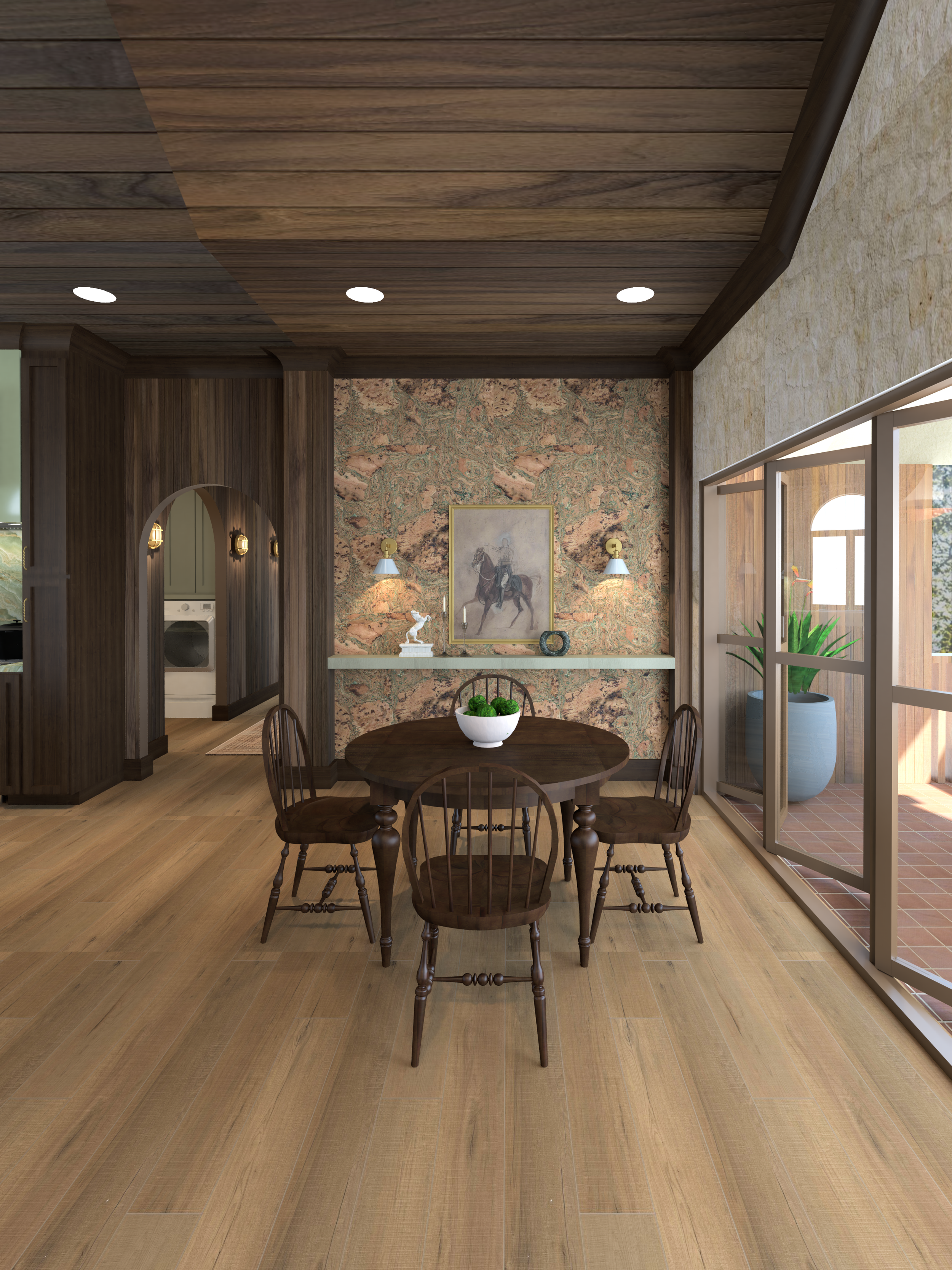 Interior design rendering of a dining room in a cabin.