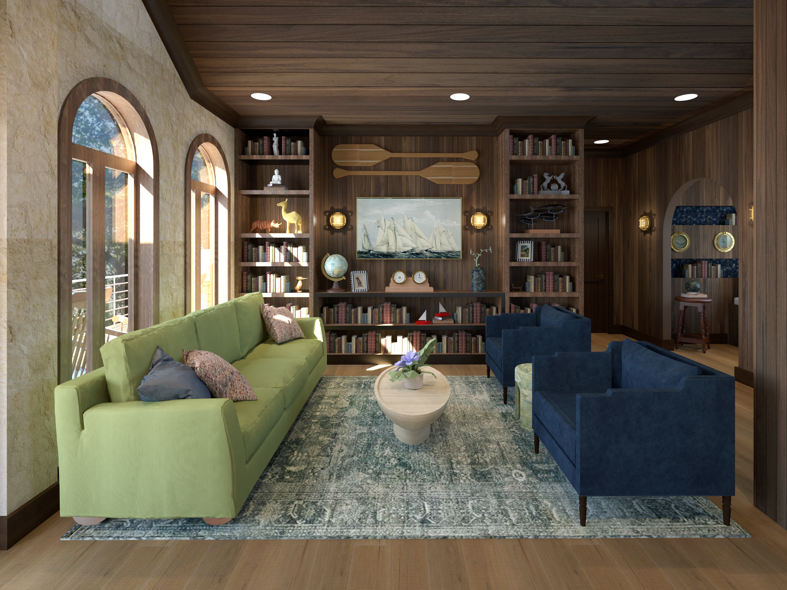Interior design rendering of a living room in a cabin by Nicole Chavajay.