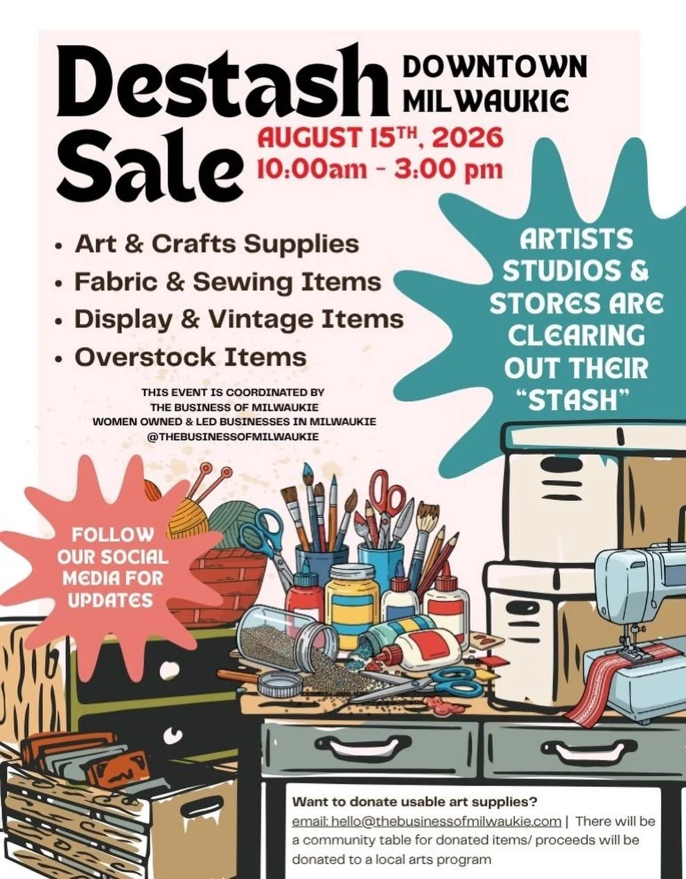 Clearing out art studios, backroom over stock, vintage, and craft supplies- let&rsquo;s go!  Join us downtown Milwaukie on Saturday the 15th &mdash; bring your own bags and be sure to have cash or your cash apps at the ready &mdash;  Also don&rsquo;t