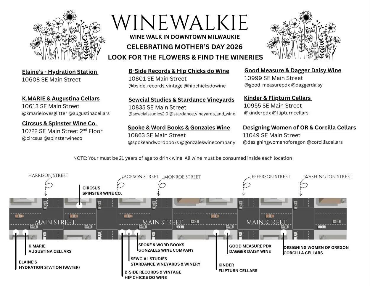 The walking map is ready for you to start planning your walk in Downtown Milwaukie!  Take a picture of this map and save it on your phone - look for the big flowers outside of the businesses that are participating&mdash; or pick up a printed map in o