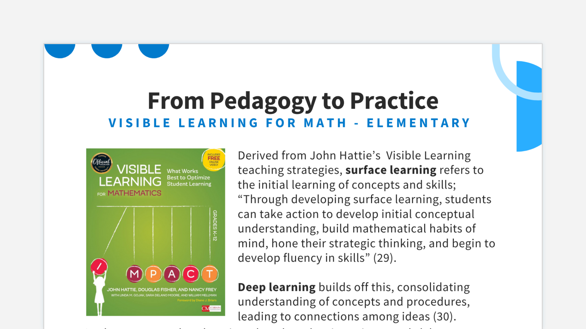 From Pedagogy to Practice: Learning for Math (Elementary)