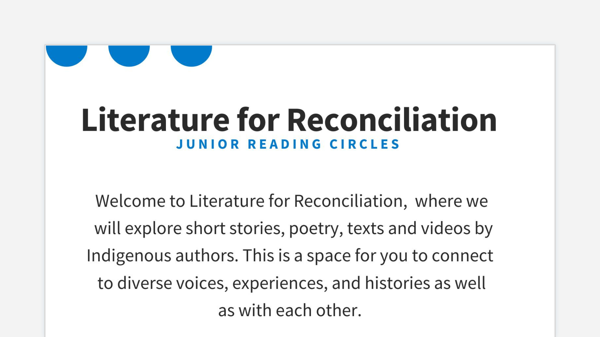 Literature for Reconciliation, Junior Reading Circles