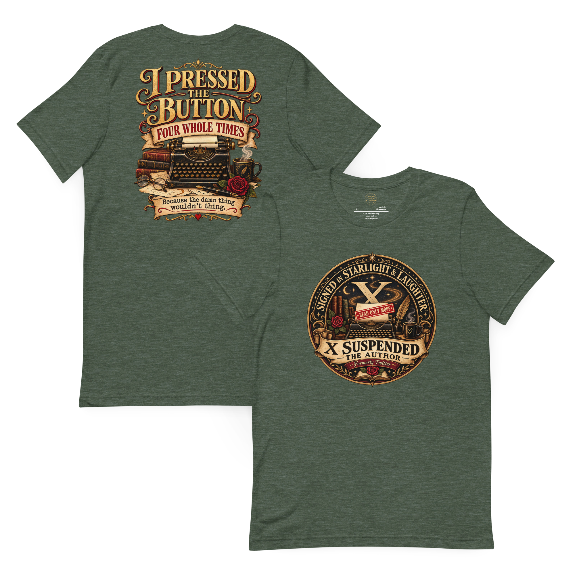 unisex-staple-t-shirt-heather-forest-front-and-back-6a7e5b4aa2447.png