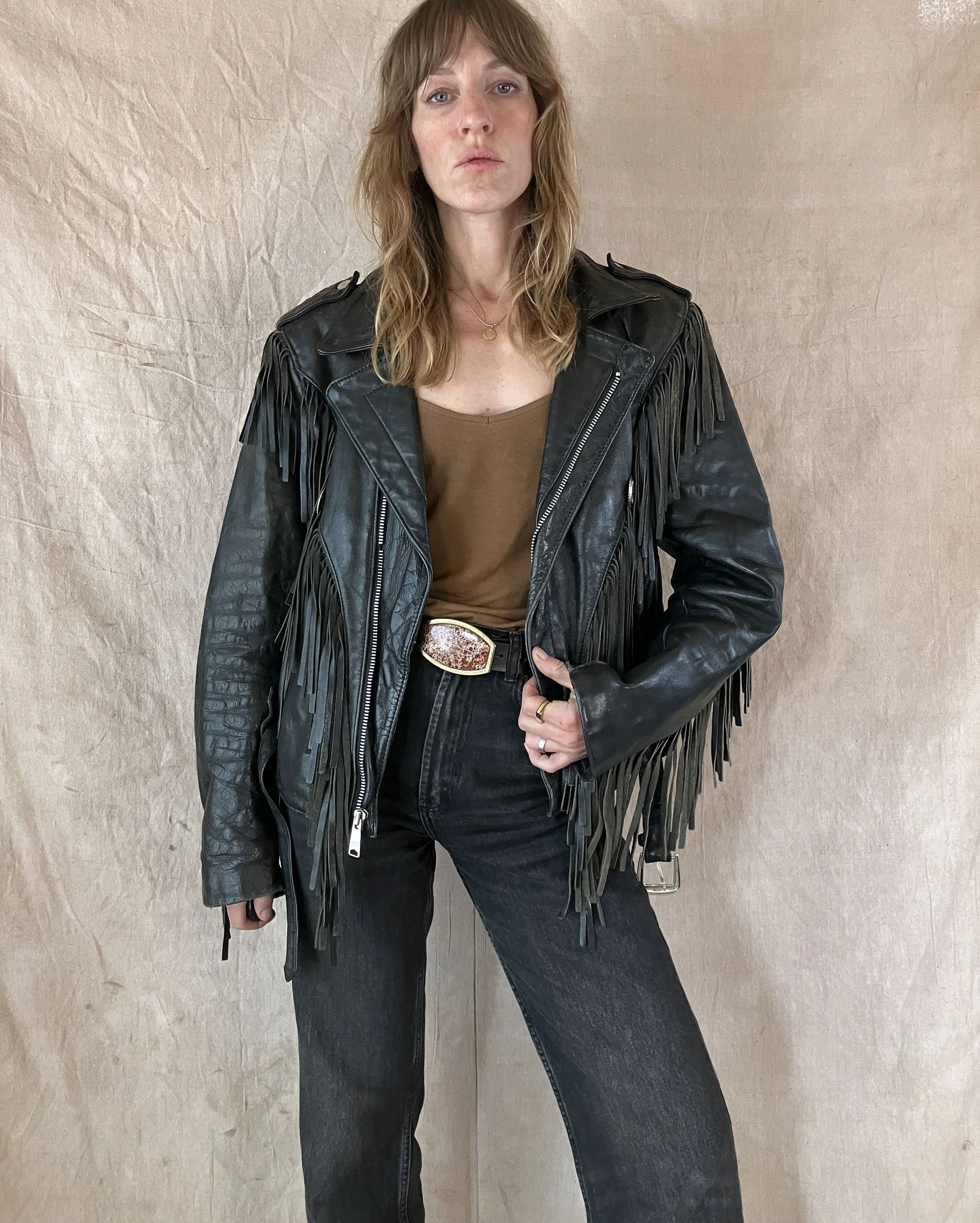 70’s Wilson Leather Concho Fringe Biker Jacket, sz M/L