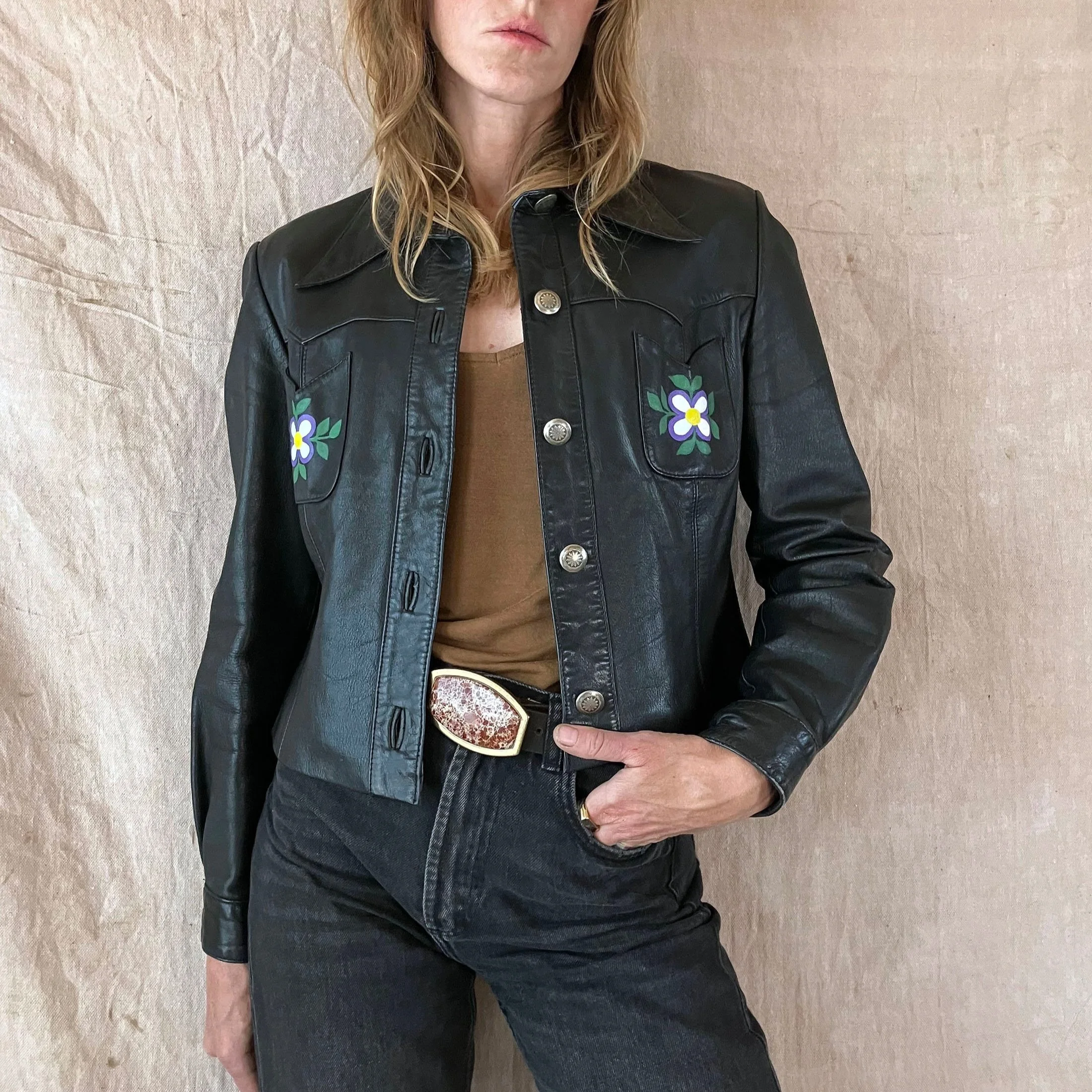 Hand Painted 70's Leather Jacket, sz XS/S