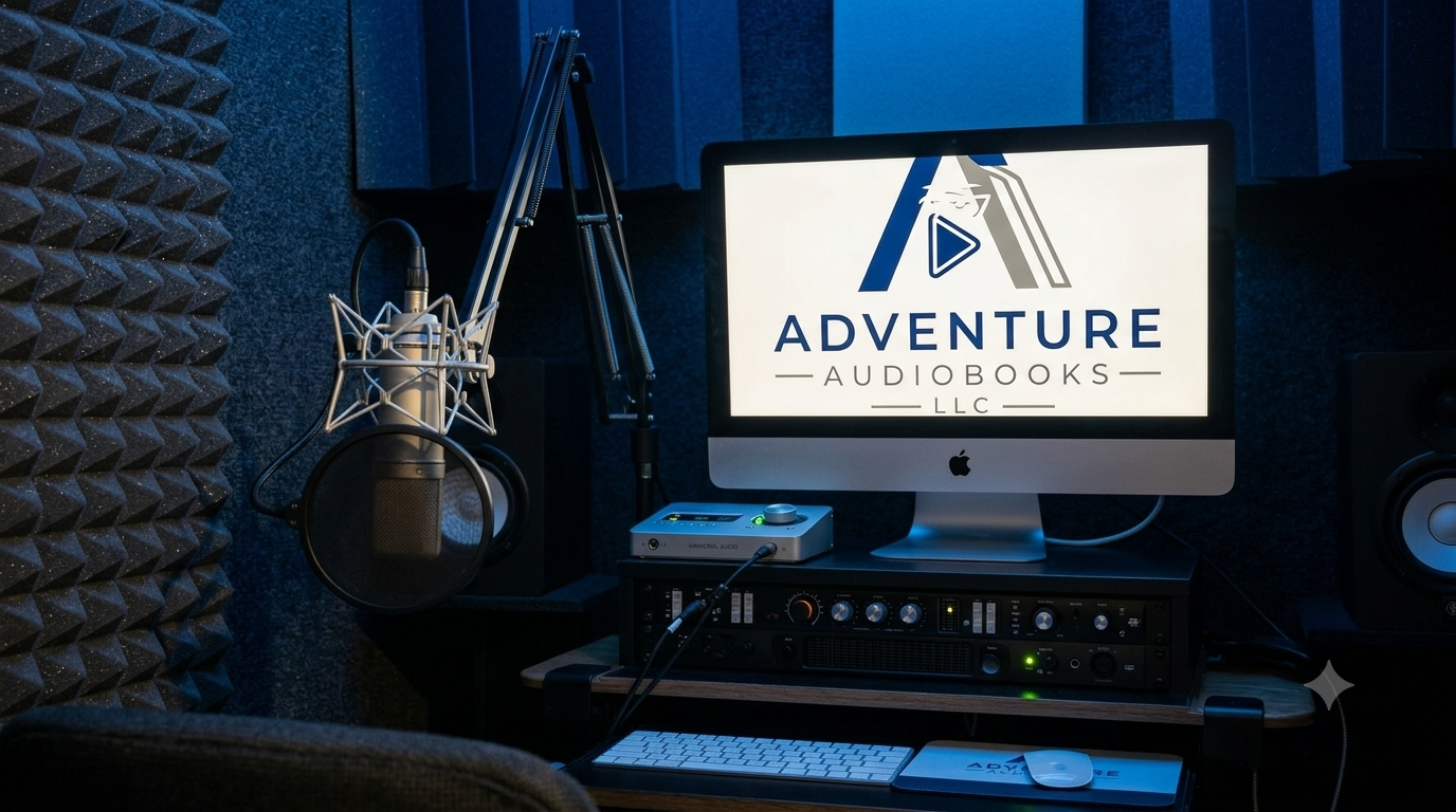 A recording studio with a microphone on a stand, a computer monitor displaying the logo for Adventure Audiobooks LLC, studio speakers, audio equipment, a keyboard, and a mouse.