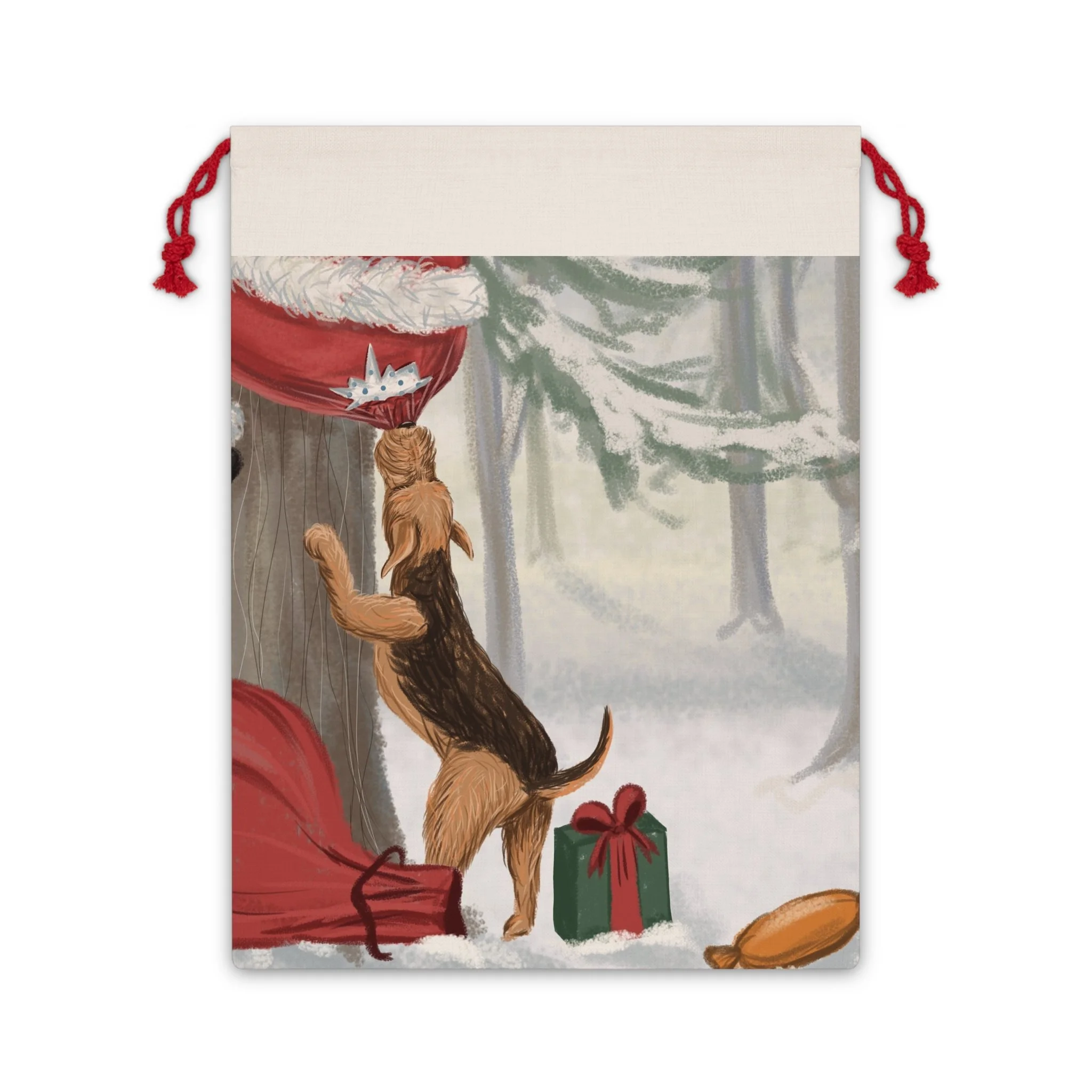 Christmas Puppy Gift Bag – Festive Dog and Presents Drawstring Gift Sack