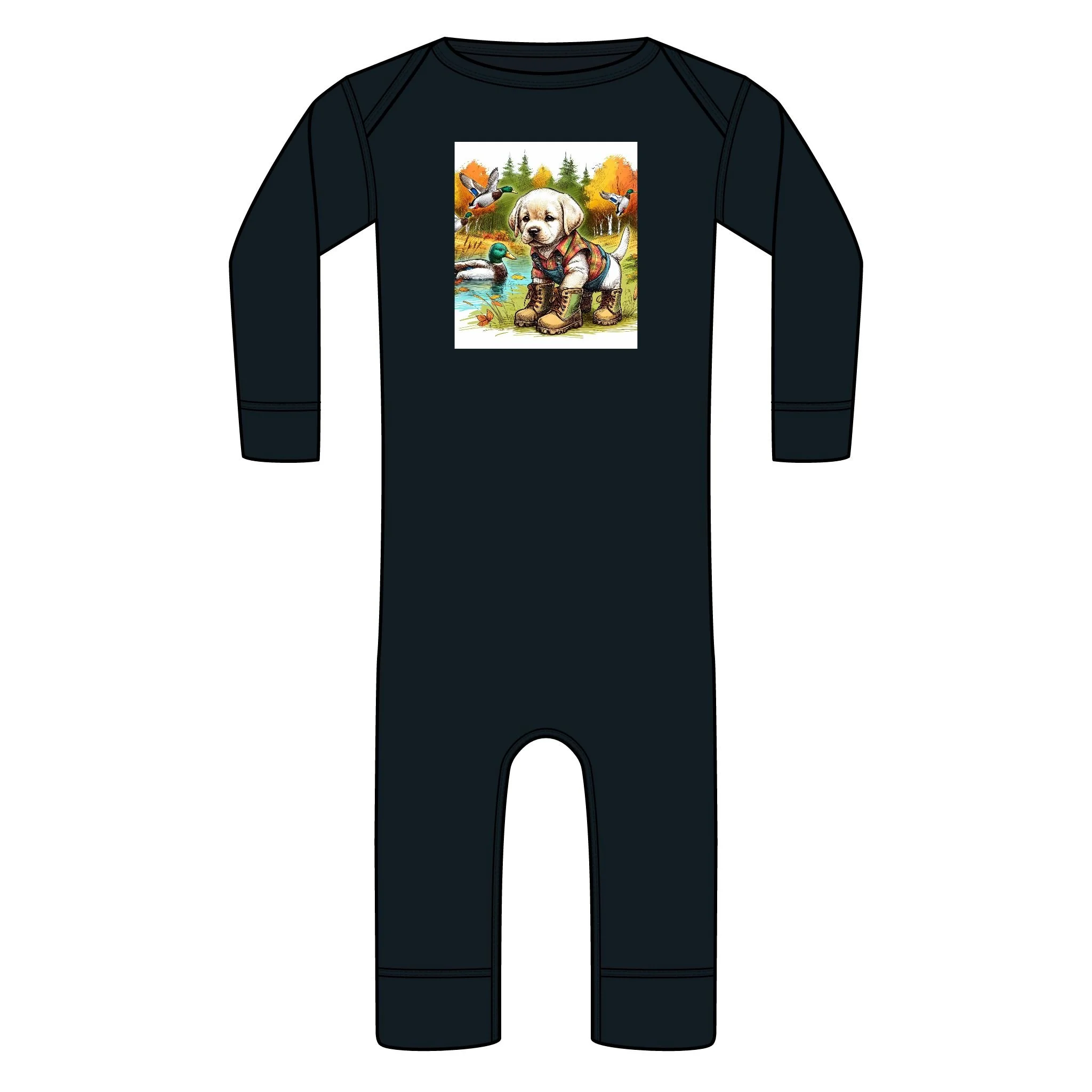 Baby Bodysuit — Autumn Puppy Pond Illustration Long-Sleeve Infant Romper