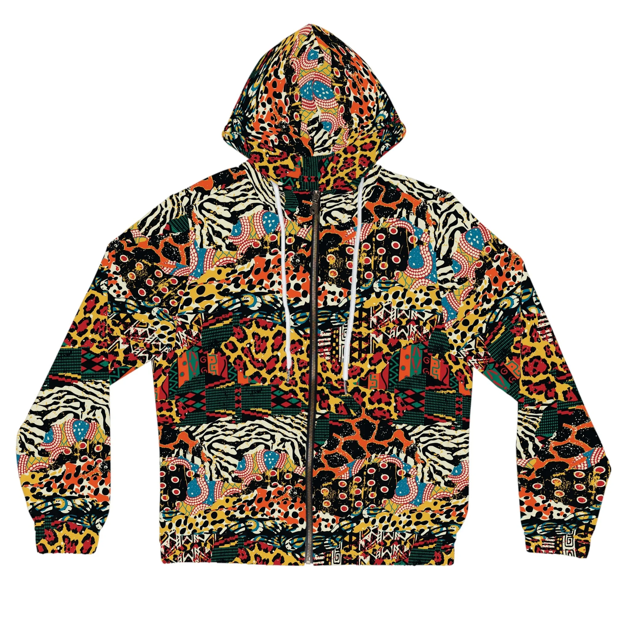 Bold Animal Patchwork Hoodie — Women's Full-Zip Leopard & Zebra Print