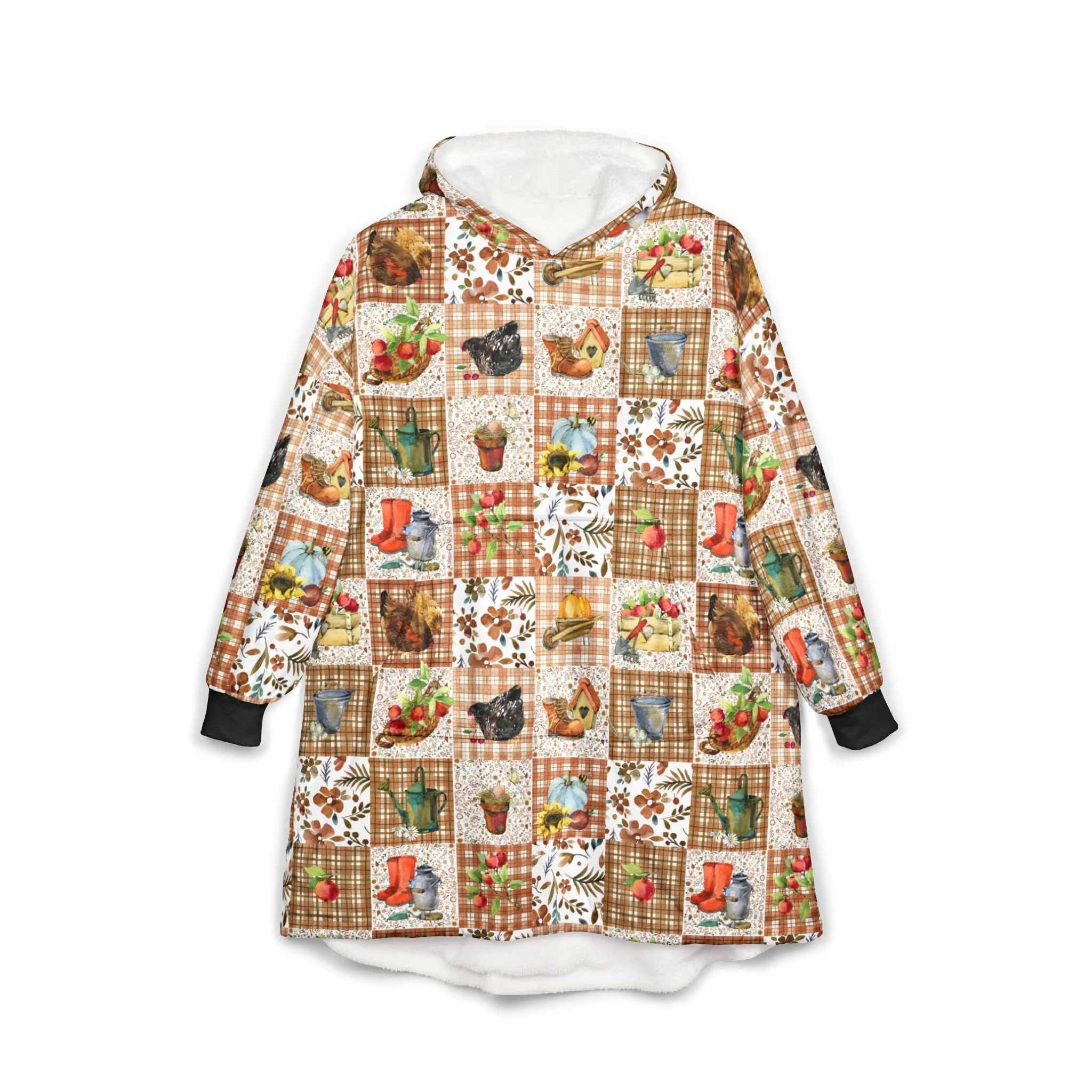 Cozy Country Patchwork Hooded Blanket — Farmhouse Fall Throw with Rooster & Floral Squares