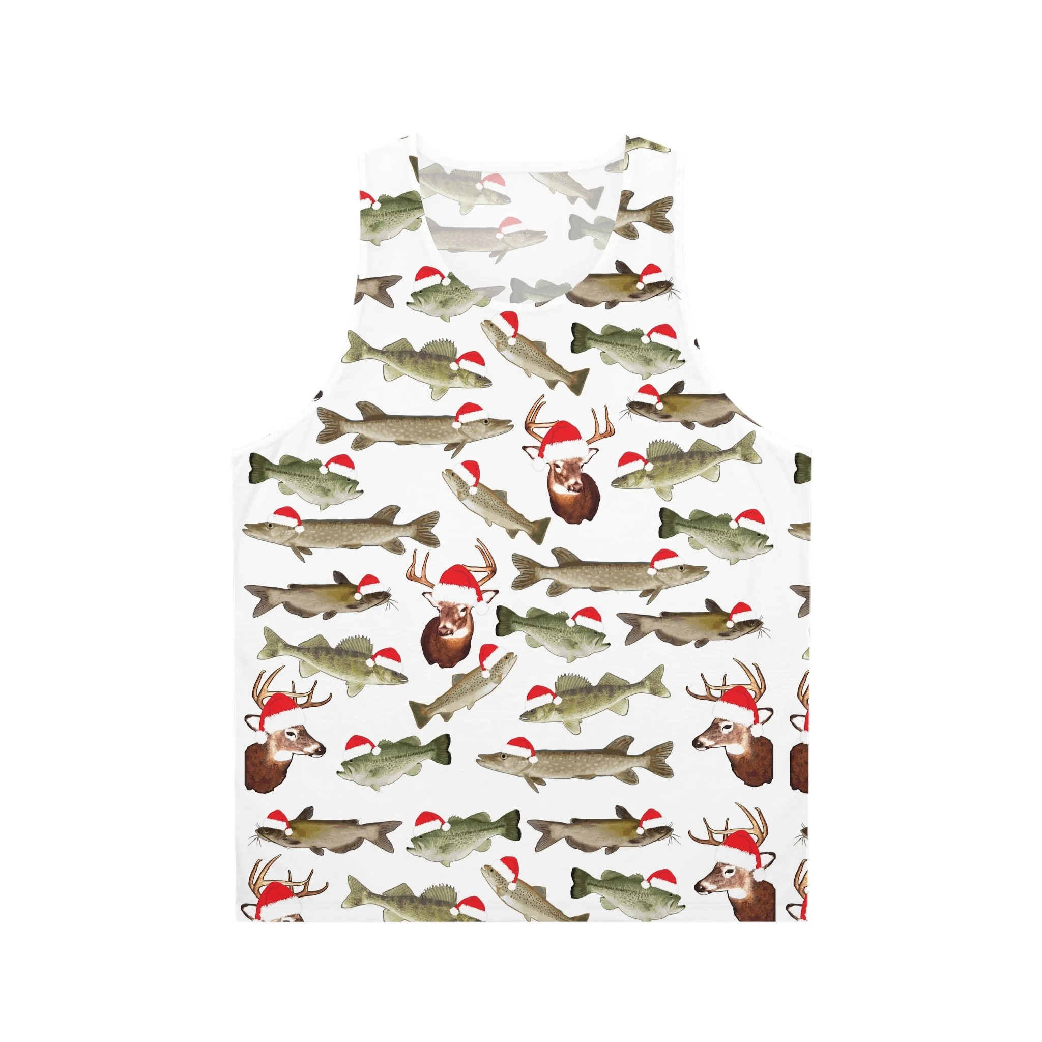 Christmas Fishing Pattern Tank Top — Santa Hat Bass & Deer Holiday Print