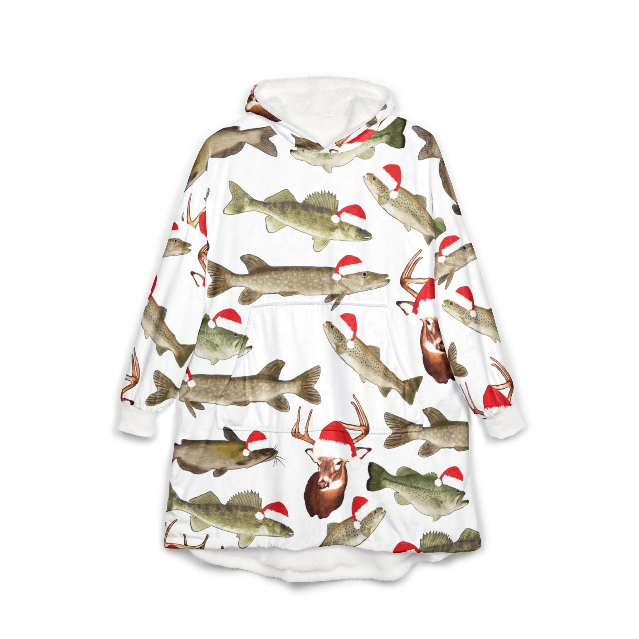Christmas Fish & Antler Hooded Blanket — Cozy Holiday Fishing Print