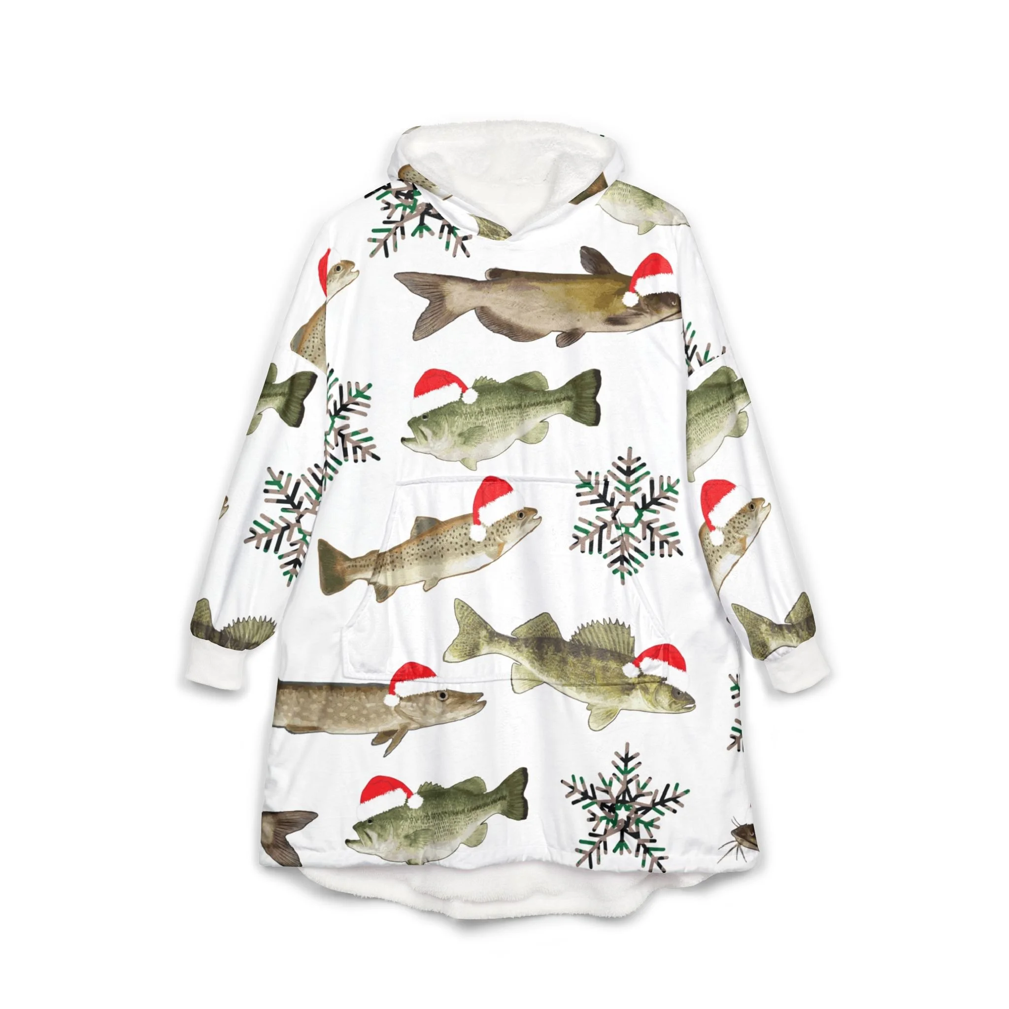 Fish Pattern Hooded Blanket — Christmas Trout & Snowflake Sherpa