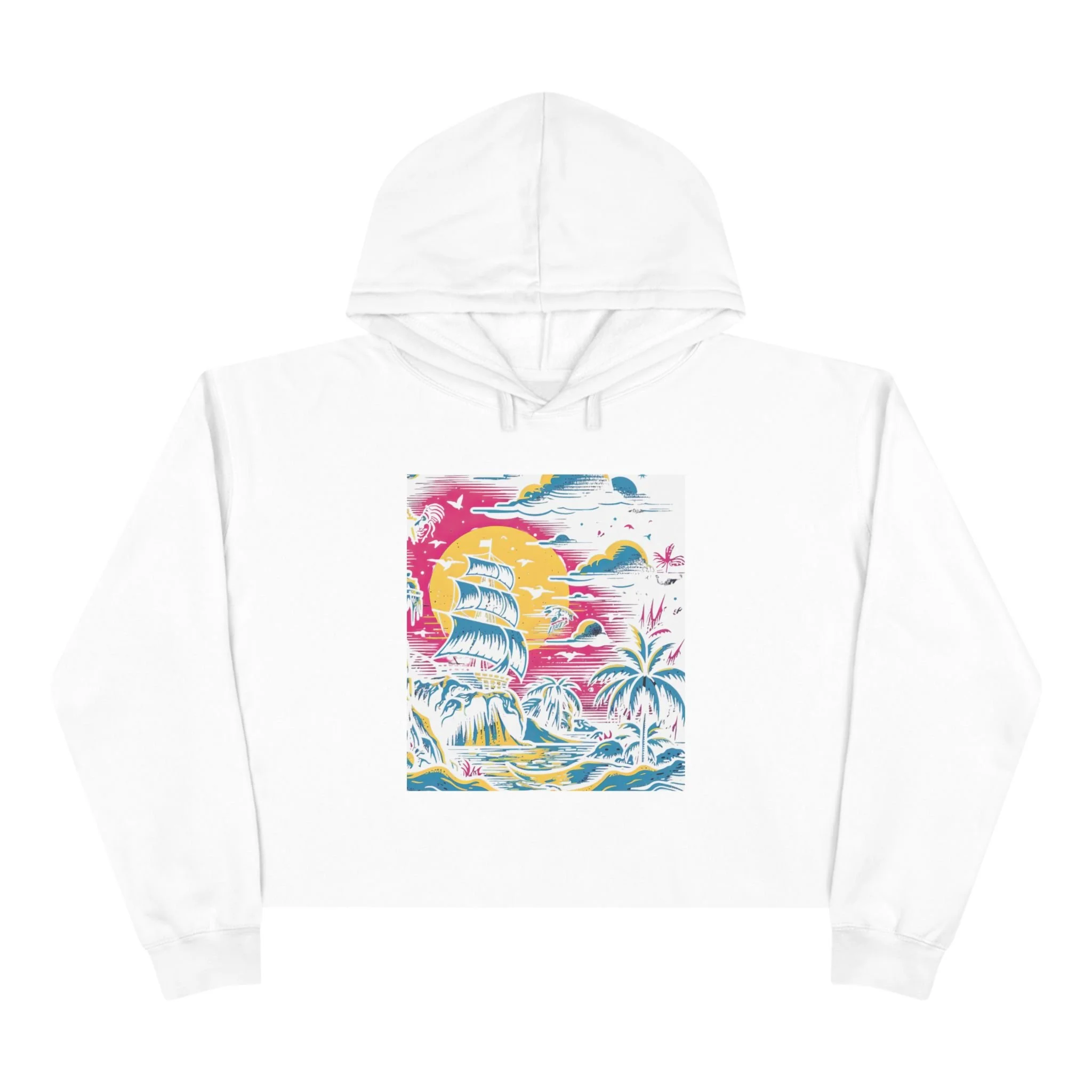 Tropical Sail Crop Hoodie — Neon Sunset Ship Graphic