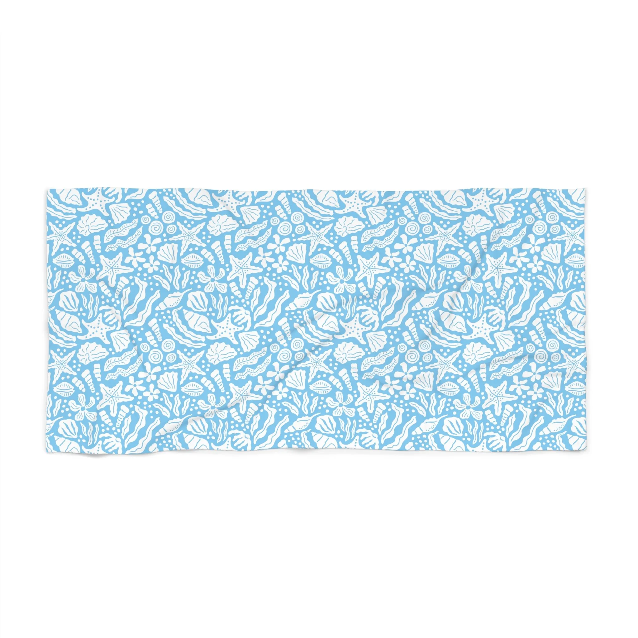 Seashell Pattern Beach Towel — Light Blue Tropical Shells Print