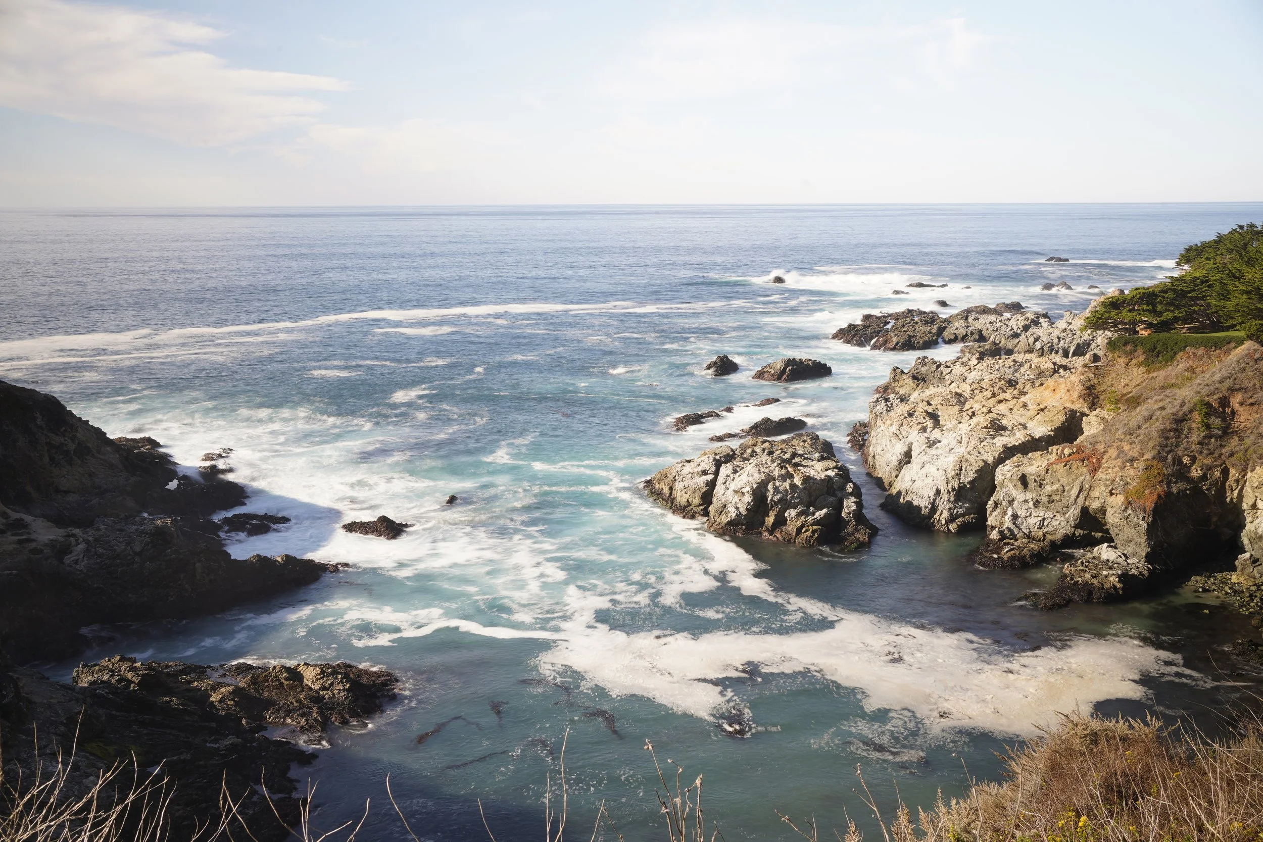 A rocky coastline with waves crashing against the rocks and trees on the right side, overlooking a calm ocean under a partly cloudy sky.