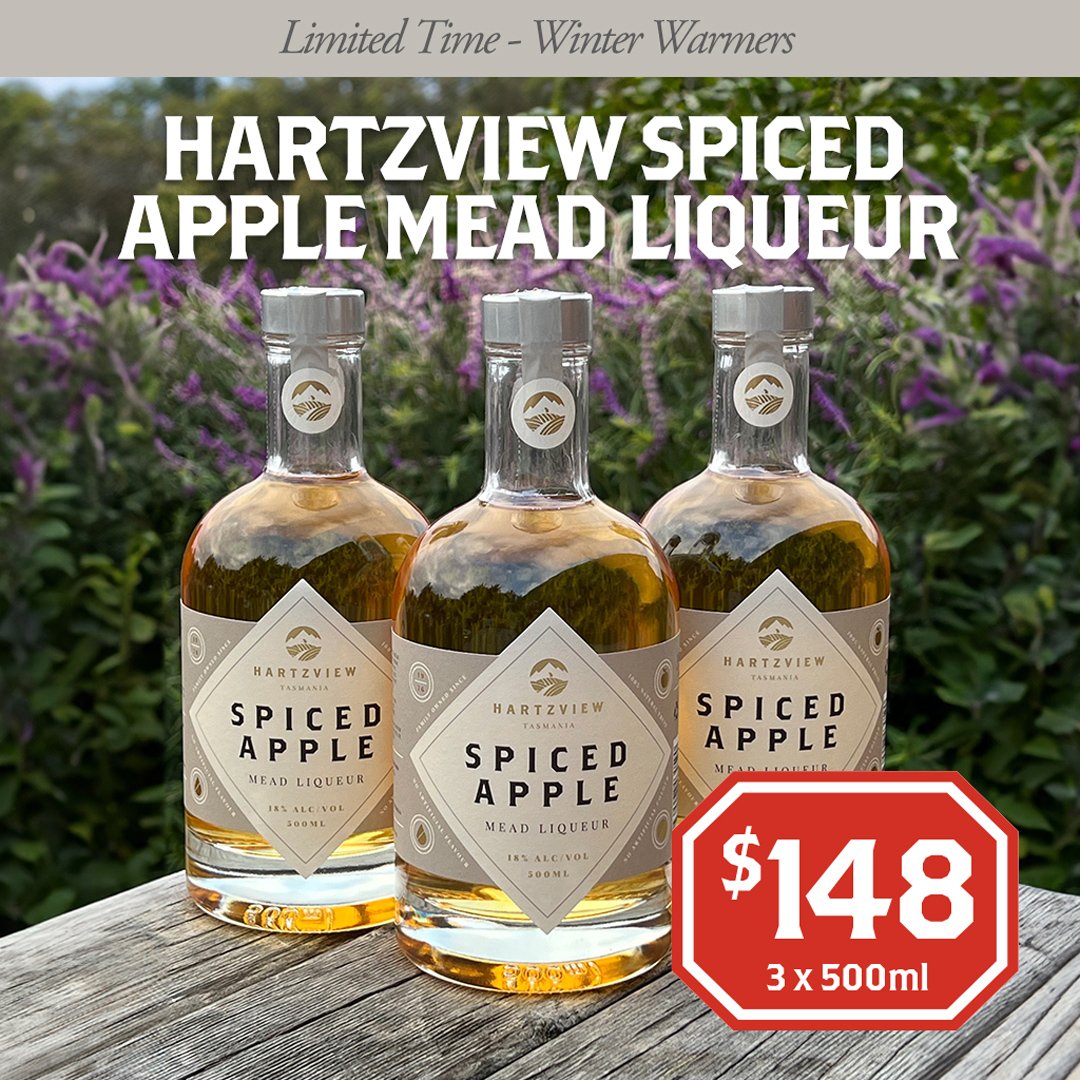 Image of 3 Hartzview 500ml Spiced Apple Mead Bottles - overlaid is headline: Hartzview Spiced Apple Mead Liqueur $148 (3x500ml)