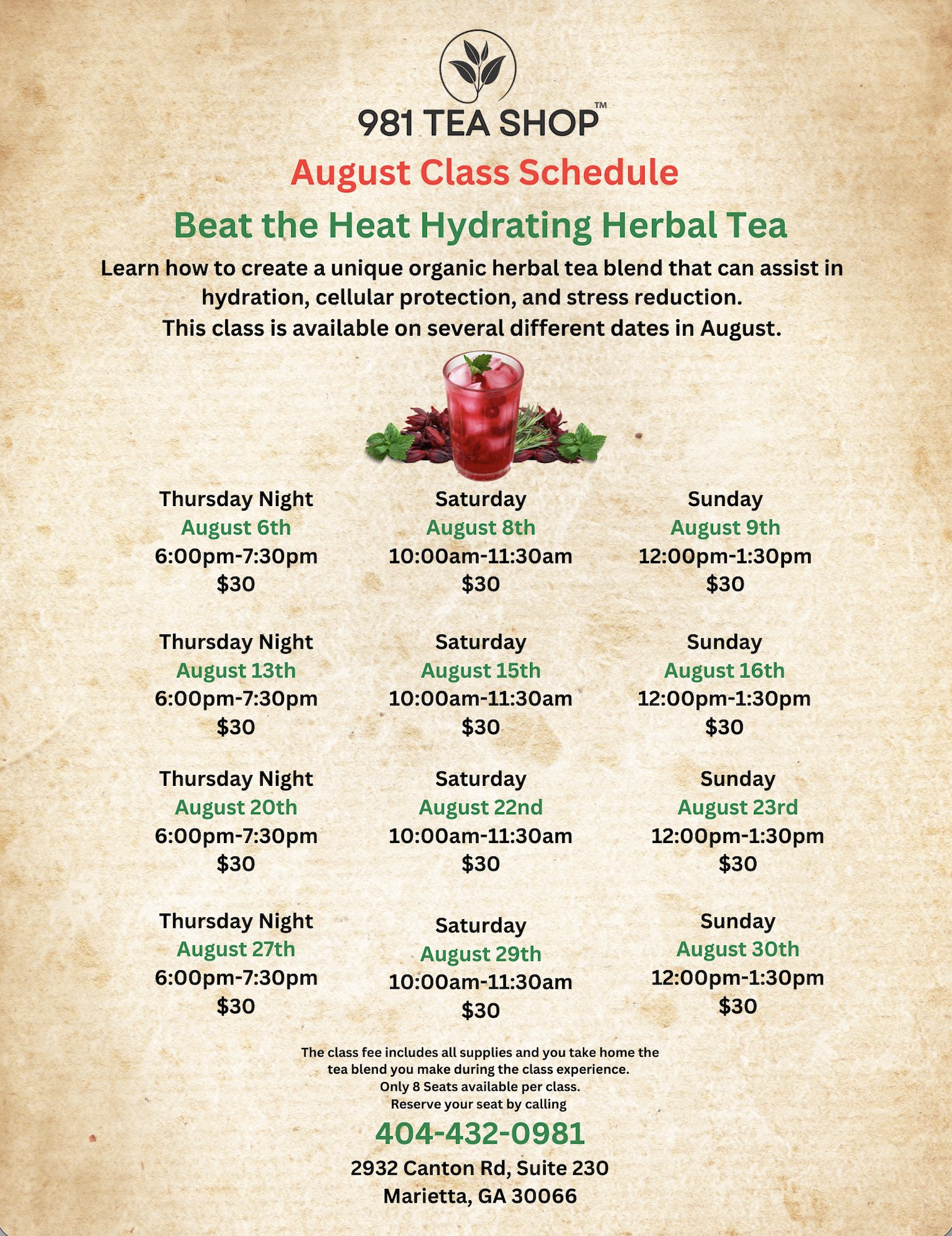 Schedule for August herbal tea making classes at 981 Tea Shop, with dates from August 6 to August 30, including times, prices, and reservation contact details.
