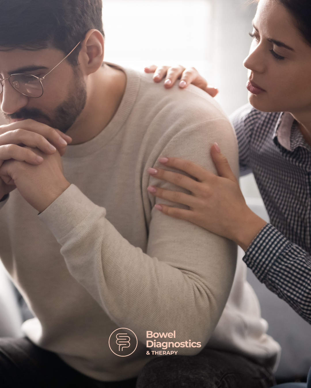 Man worried bowel cancer screening woman comforting
