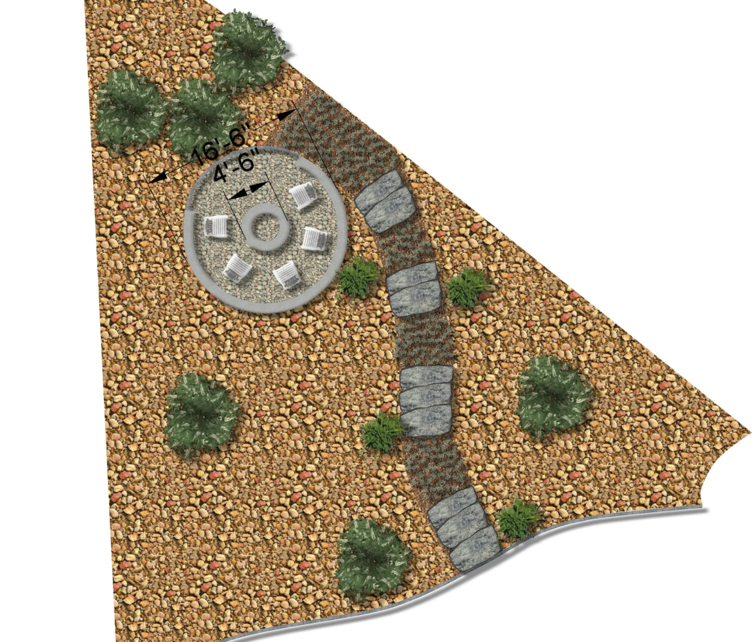 An outdoor landscape with small multicolored rocks, green plants, a circular stone patio with lounge chairs, a pathway made of flat stones, and a curved border of larger rocks.