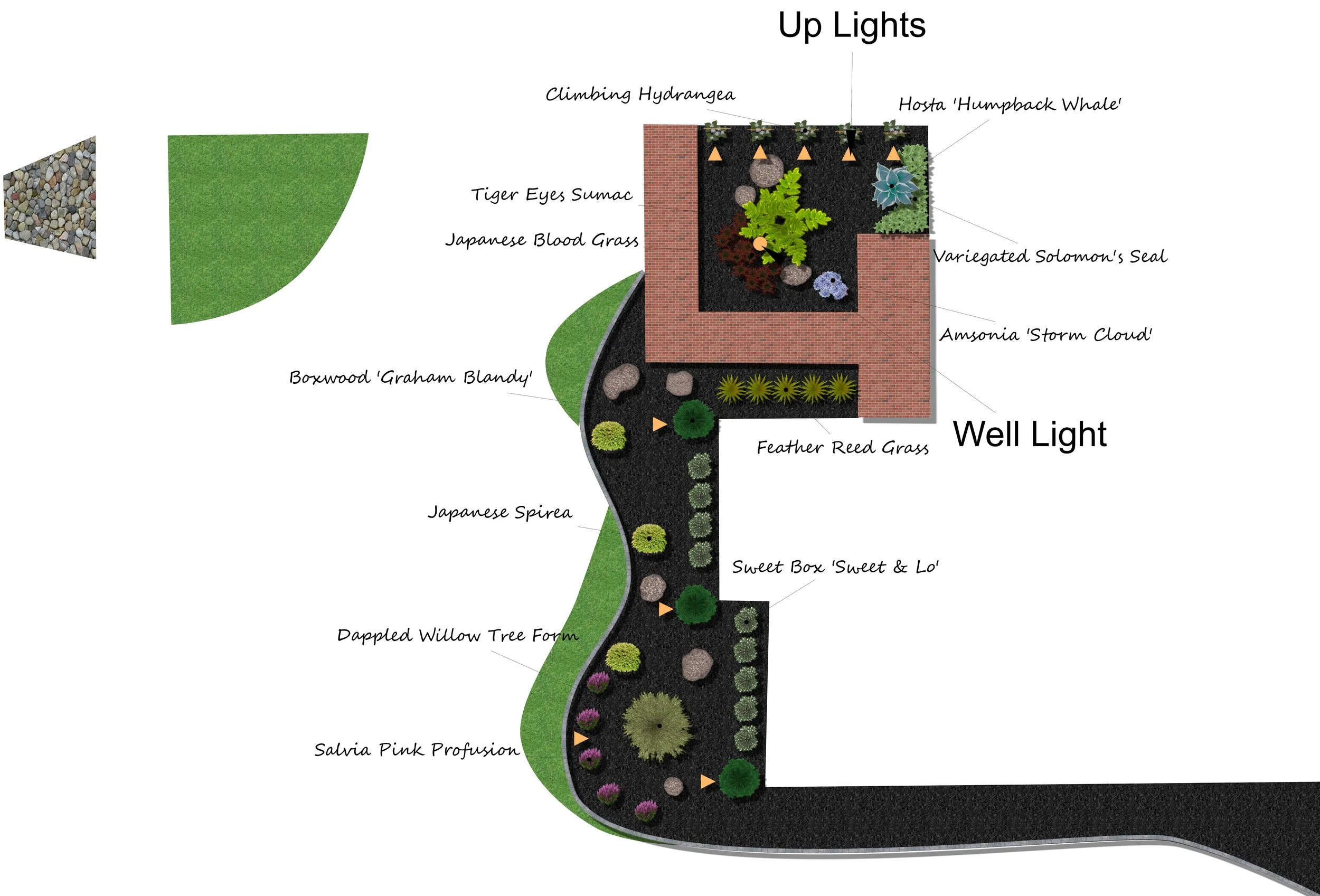 Landscape garden design plan with labeled plants, rocks, and pathways, showing areas for up lights and well lights.