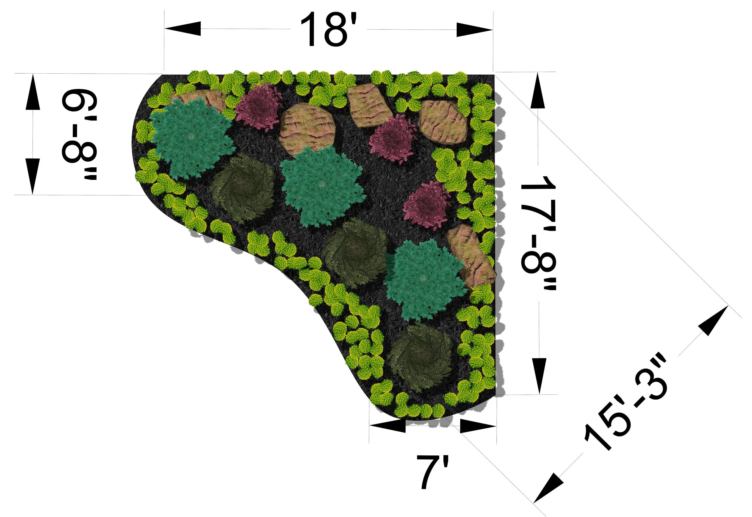 A detailed landscaping plan showing various trees, shrubs, rocks, and ground cover plants with measurements, arranged in a decorative pattern.
