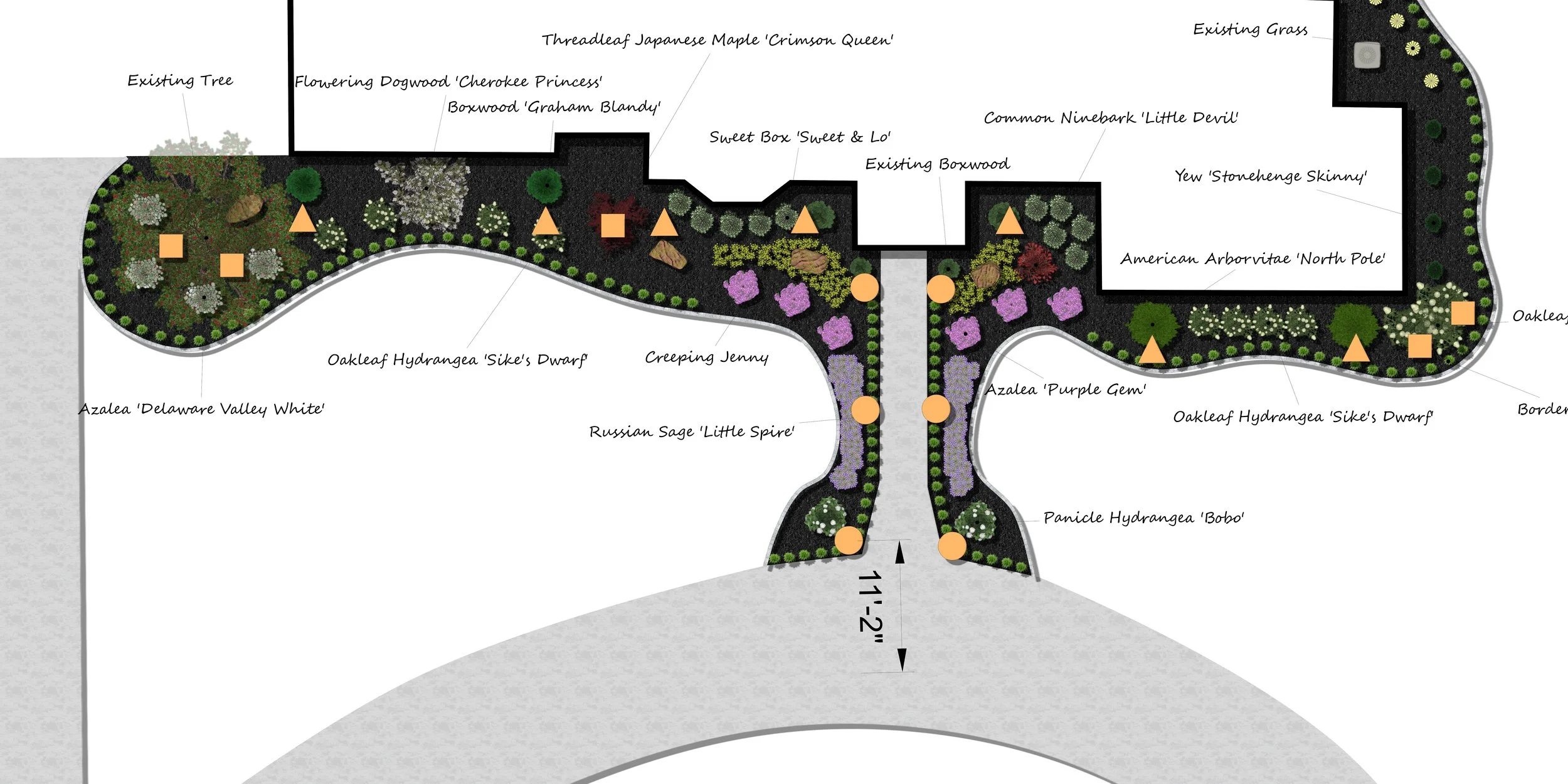 A detailed landscape garden layout with labeled plantings and features, including trees, shrubs, flowers, and pathways.