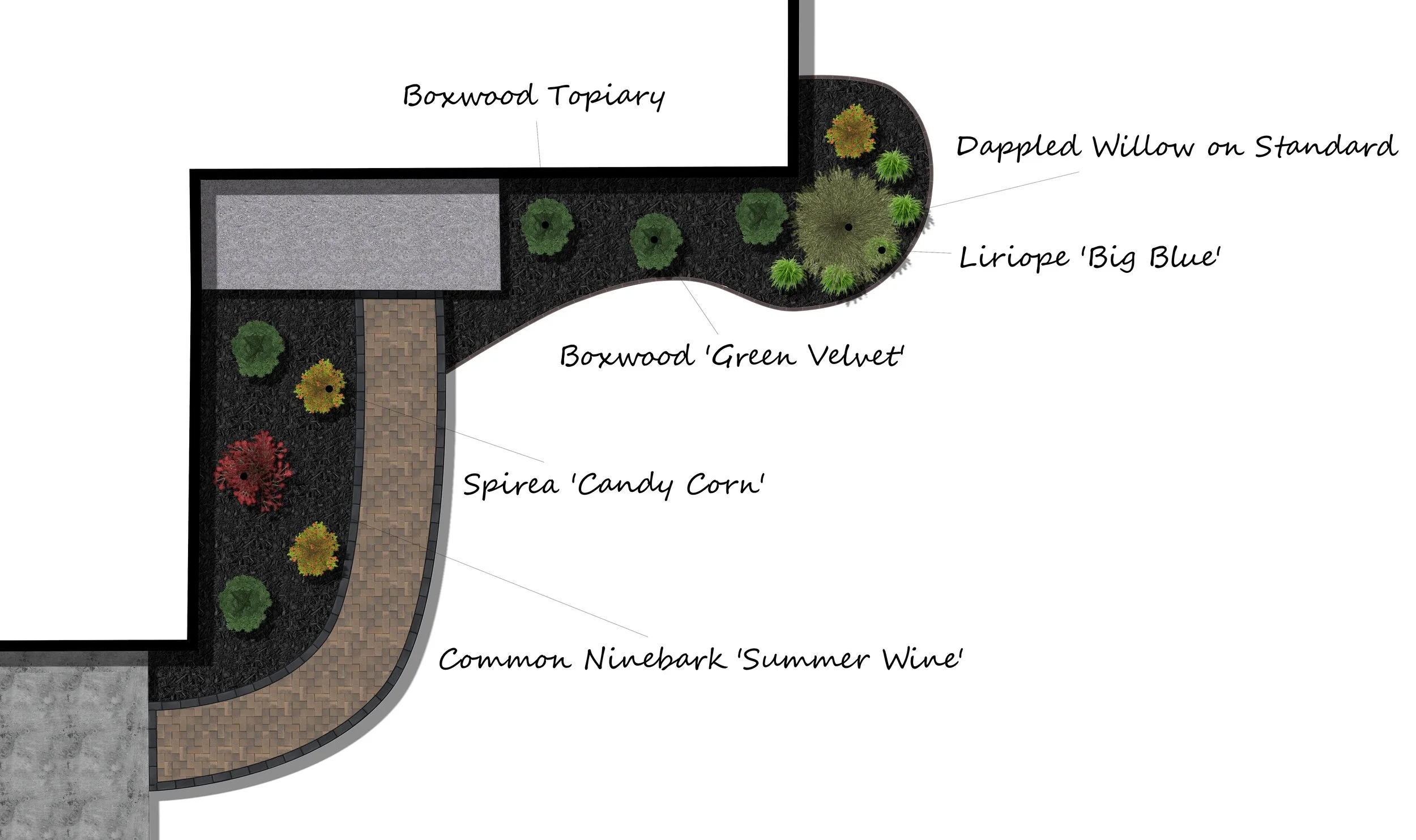 Landscape design plan showing various plants, including Boxwood Topiary, Dappled Willow on Standard, Liriope 'Big Blue,' Spirea 'Candy Corn,' and Common Ninebark 'Summer Wine,' arranged along a curved pathway.